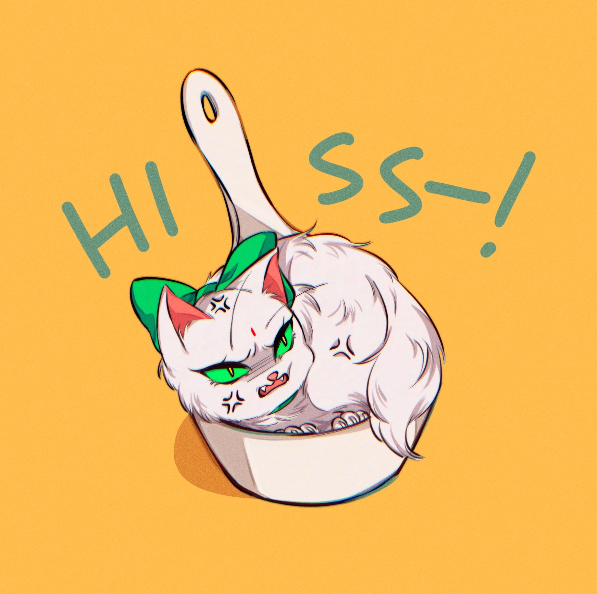 Jiunyan in a measuring cup, hissing at someone (Bingge)