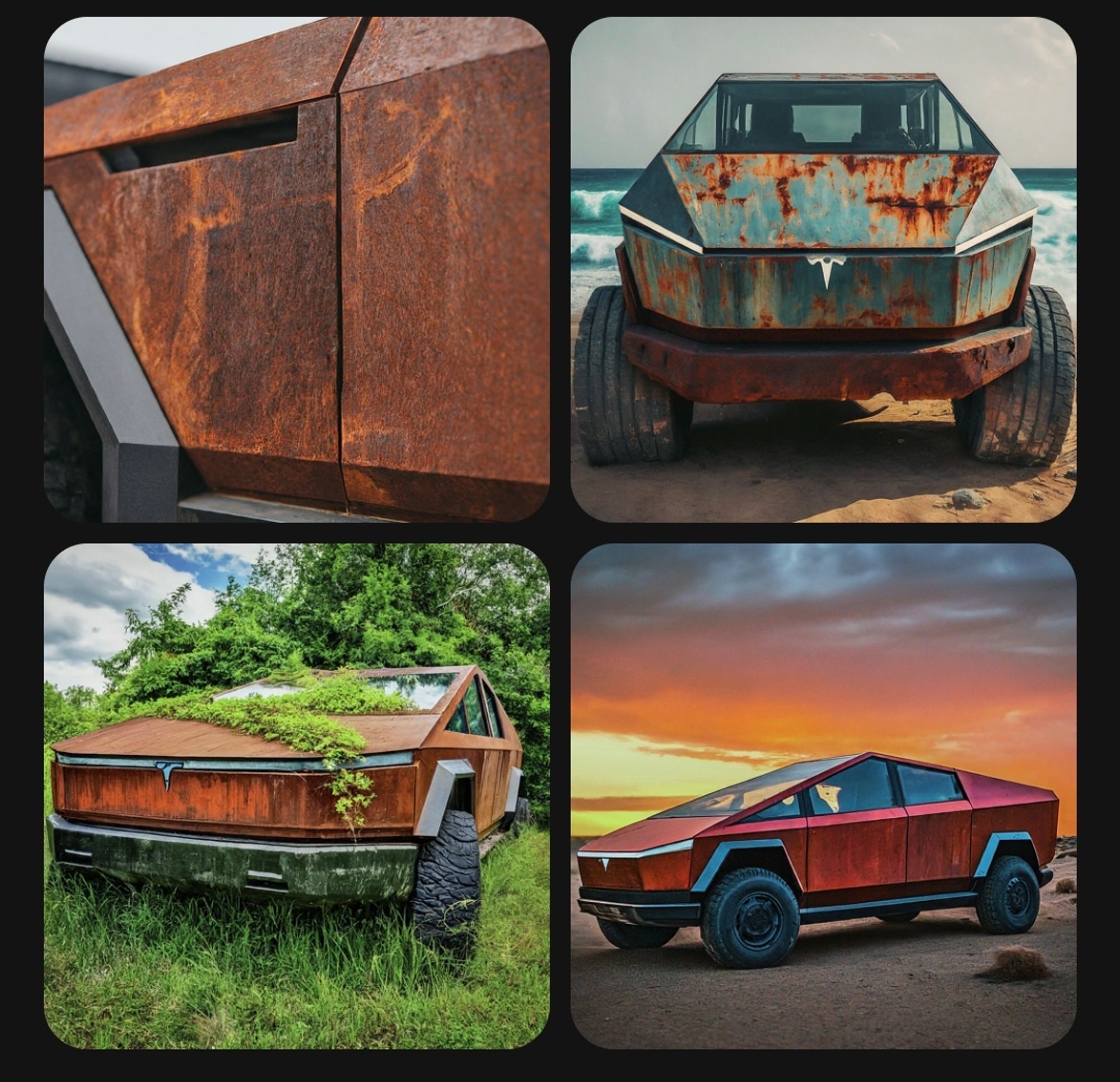 AI generated images of rusted Cybertrucks