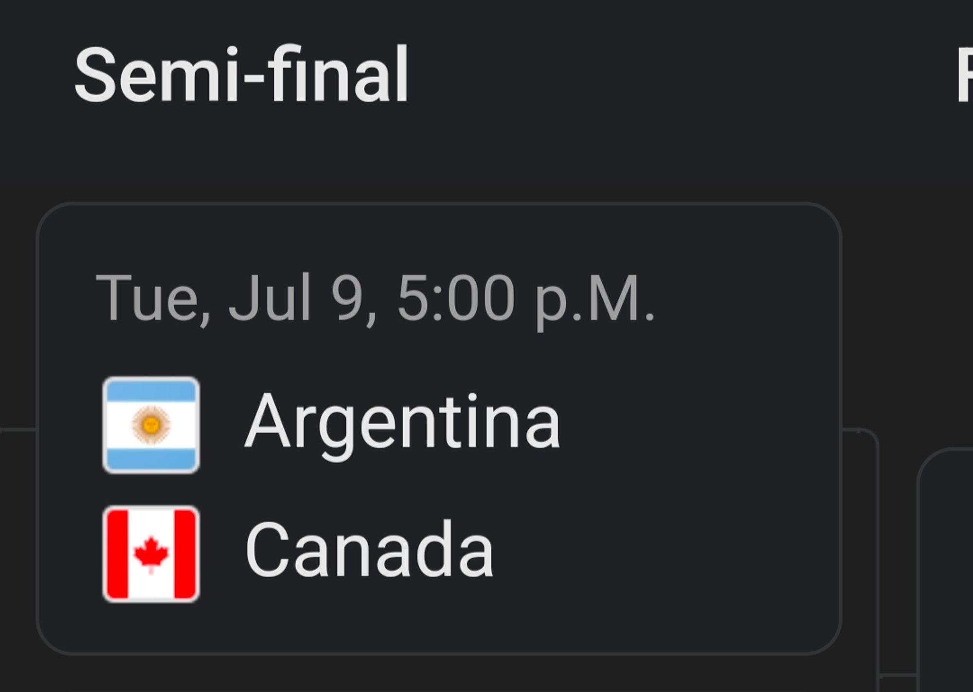 Canada v Argentina Copa América Semi Final match.