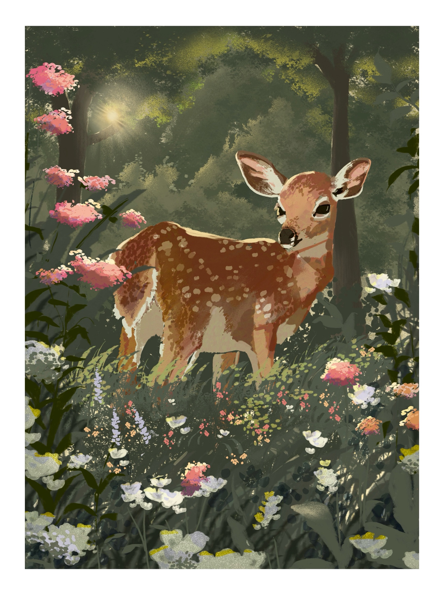 A painting of a fawn standing under sunlit trees, surrounded by pink and white wildflowers and wild grass. The sunlight peeks through the leaves of in the background.