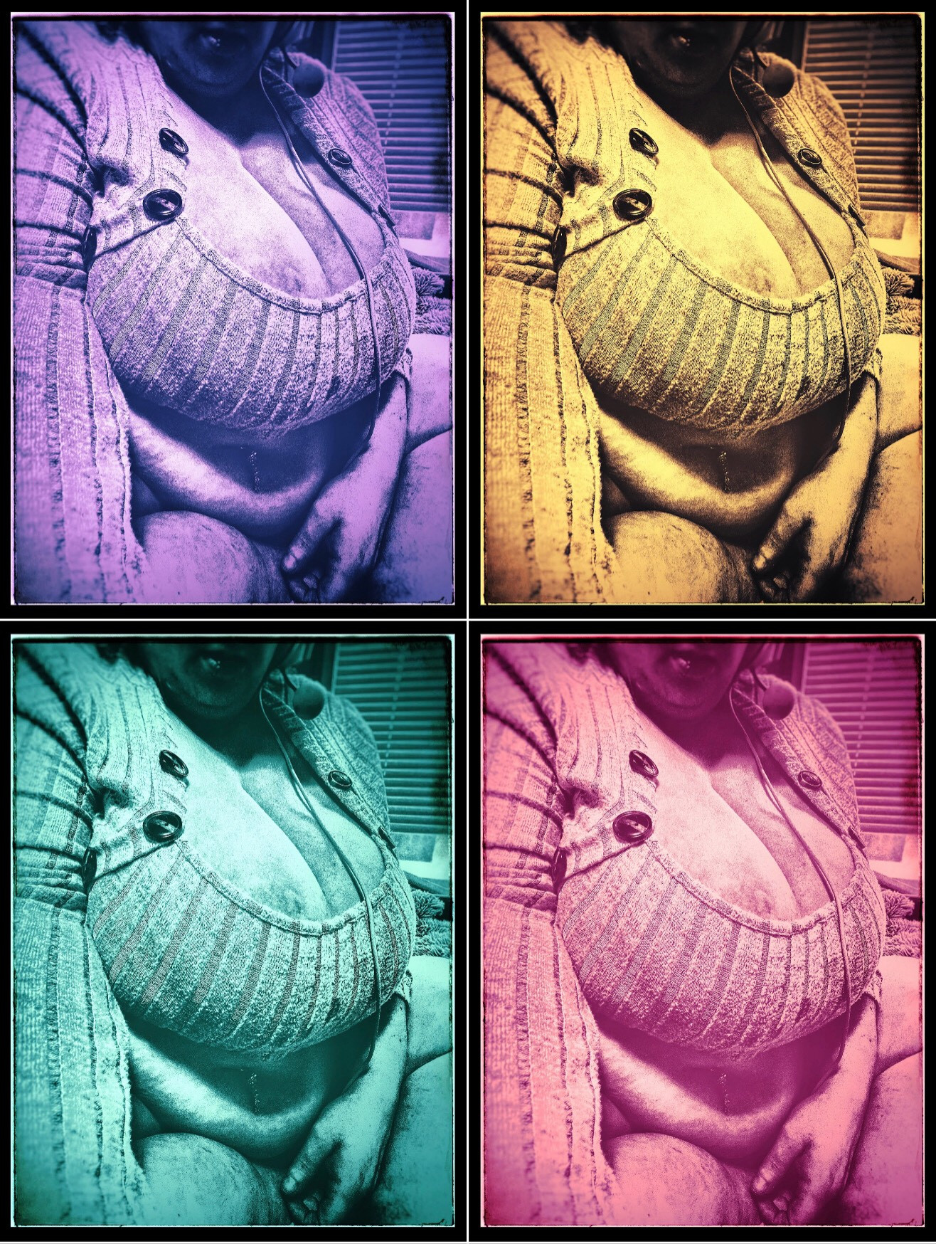 four panel polyptych containing different monochrome edits of the same picture, but with hues shifted after other edits, which contained a noir filter along with vignette/blur and detailing, to be one panel each (top to bottom left to right) of lilac, goldenrod, mint, and warm pink. each image also has a slight frame attached to look like a photograph slightly aged, and white lines in black negative space divide the images. 

core image is of sinead, a fat white femme, shown from tip of nose to lap wearing scoop neck grey ribbed sweater with wood button details, cleavage and belly showing, left hand on thigh.