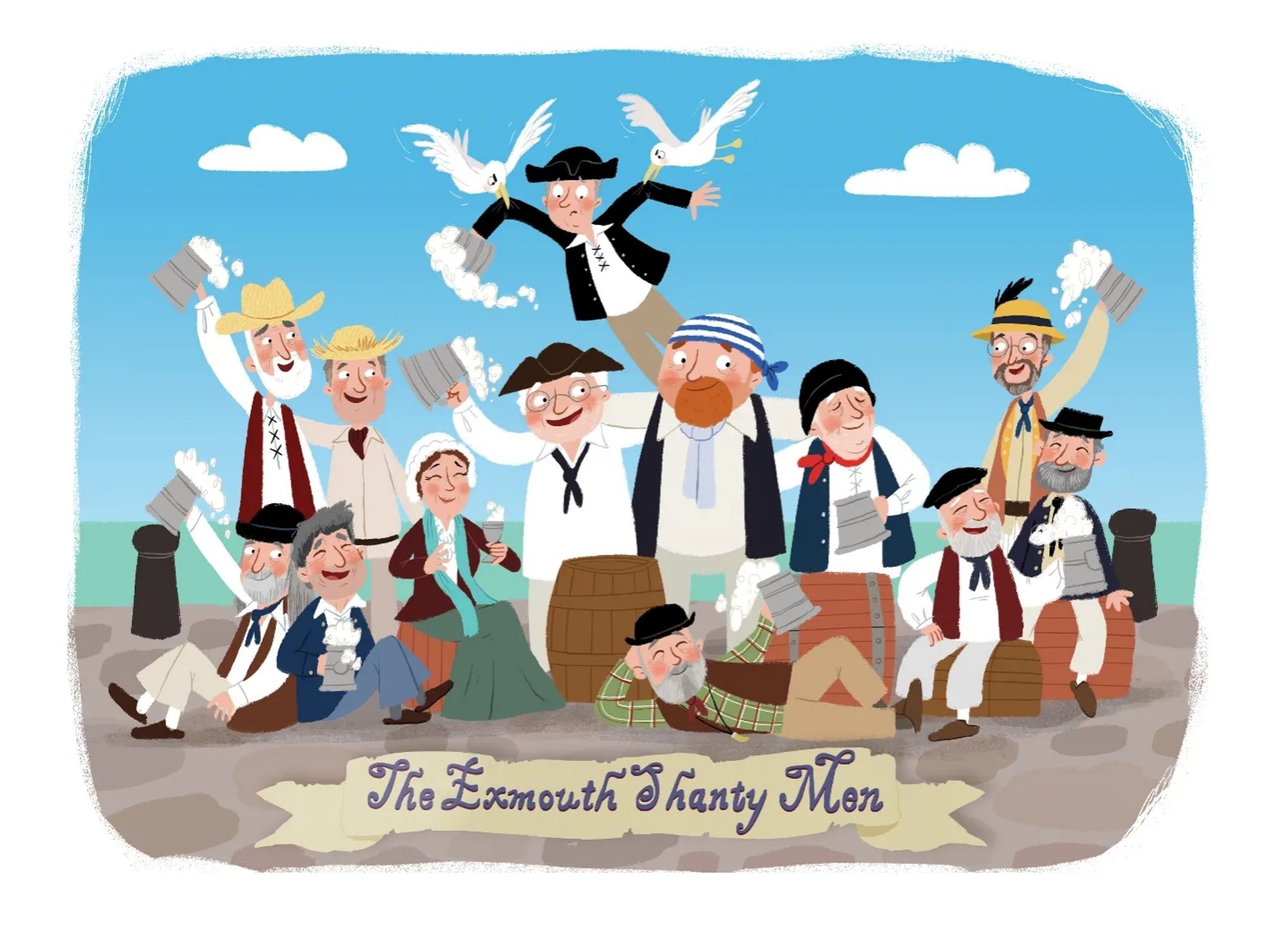 Cartoony illustration of salty sea dogs, The Exmouth Shanty Men. They are sat on a dockside and all look happy and possibly singing... except one member who is being carried off by 2 seaguls.