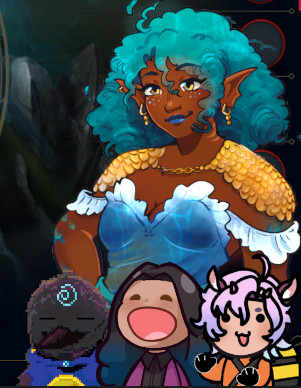 Allegro, a drawn siren with teal water curls, brown skin, and a water dress, stands behind several small reactive images of their friends: jezza, Boomer, and TrashbabyAia