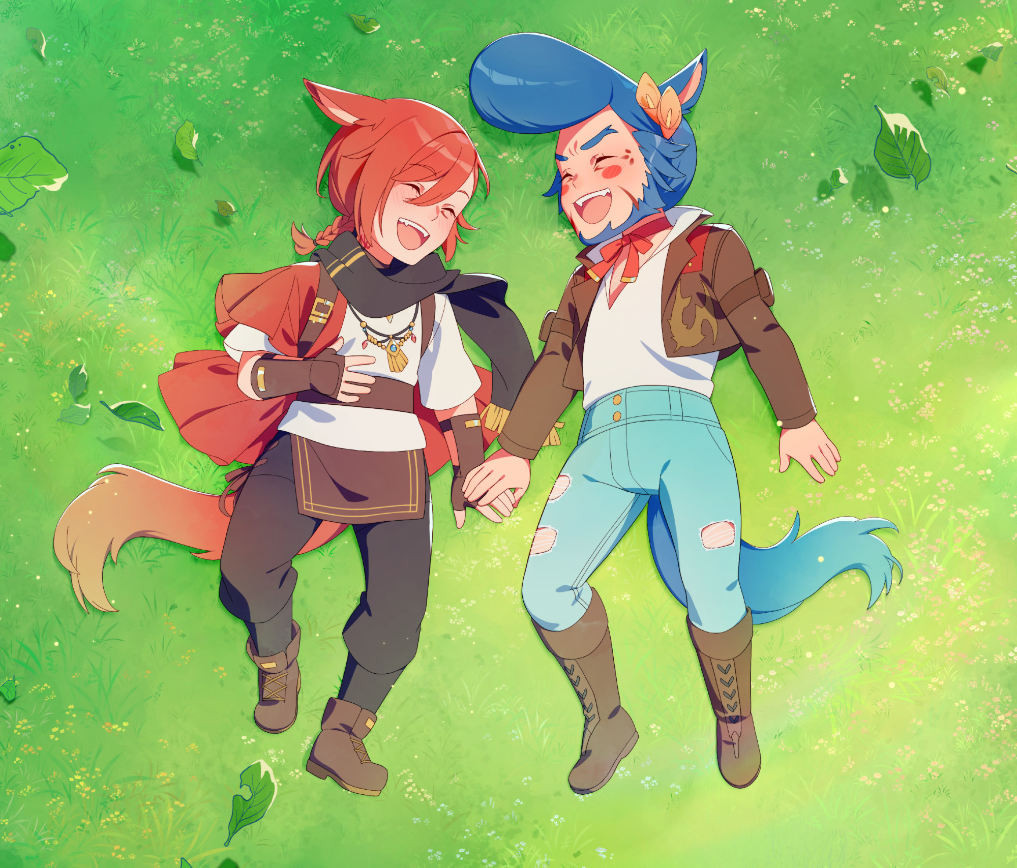 this is an illustration seen from above of ffxiv character G'raha Tia and this client's oc laying down on grass, leaves and small flowers, holding hands and laughing happily. G'raha is wearing his endwalker outfit, the other character is wearing a brown leather jacket and boots, light blue jeans and a bright red ribbon on his neck, he has blue hair styled in a pompadour and red blush sticker make-up