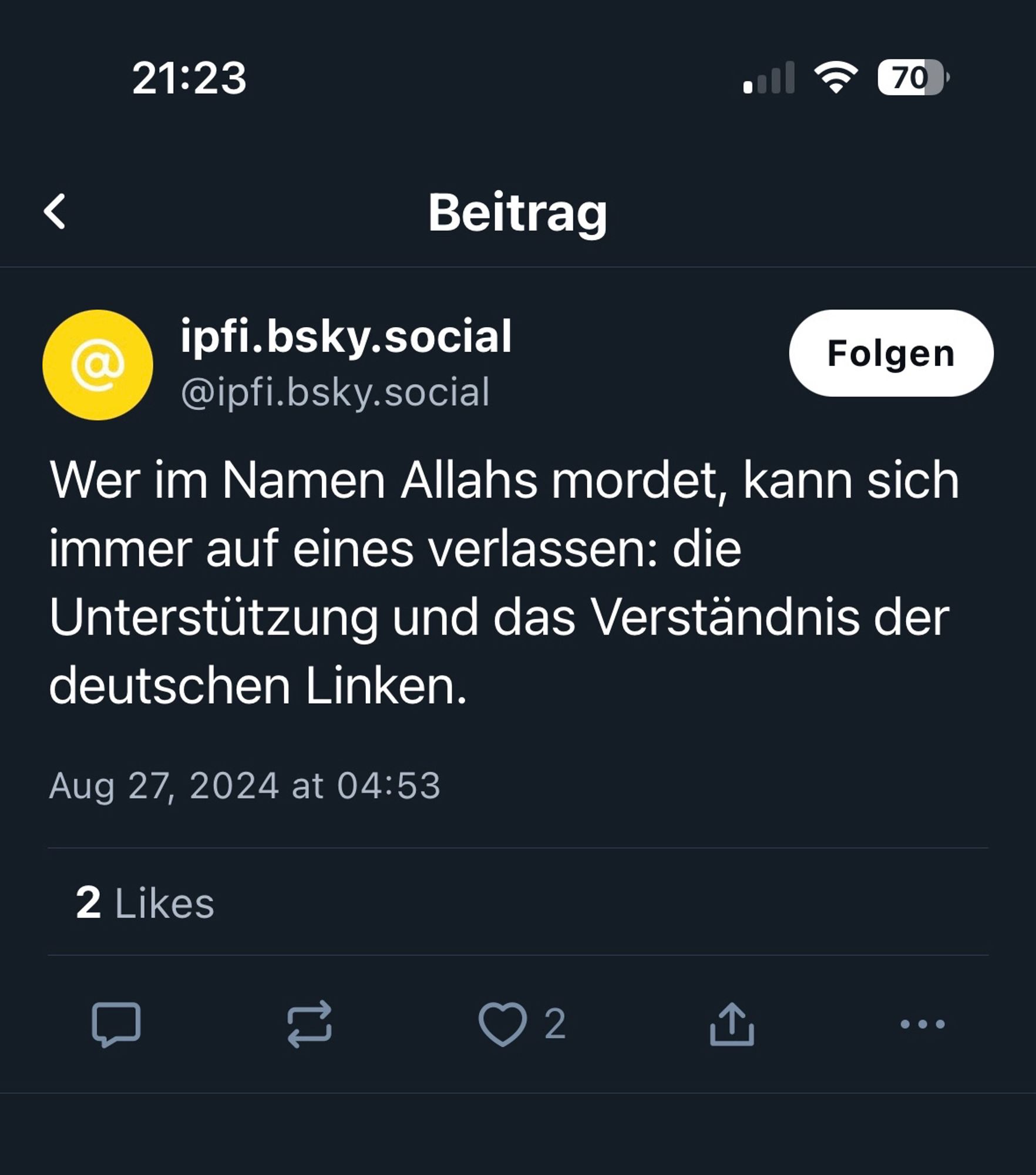 Account der Hetze gegen Linke betreibt, indem er behauptet, die Linke würde Leute unterstützen die im Namen Allahs morden.