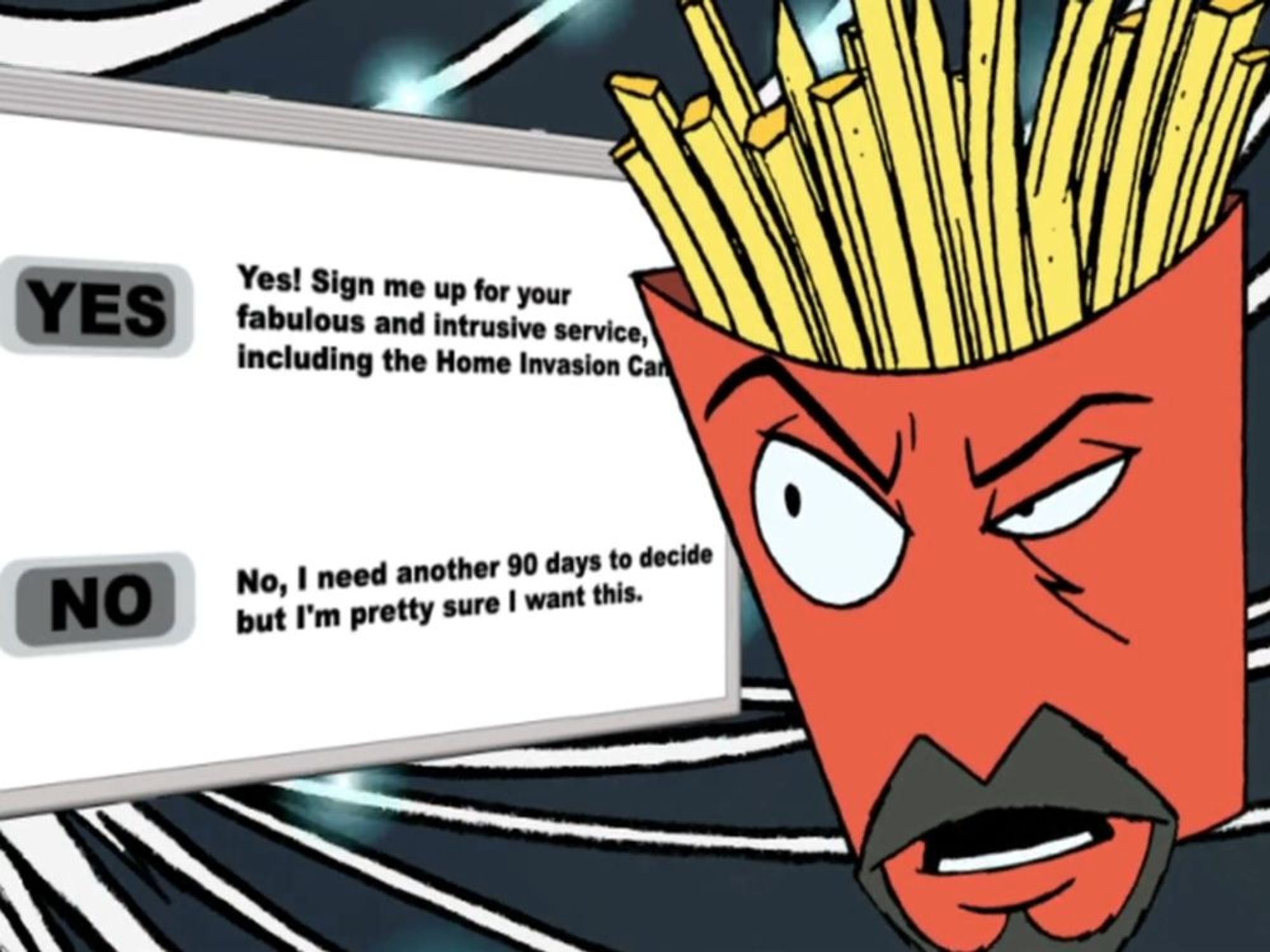 a scene from aqua teen hunger force - interfection (?) where frylock clicks no thank you on a pop up only to find out that it actually says NO - i need another 90 days to decide but i'm pretty sure i want this