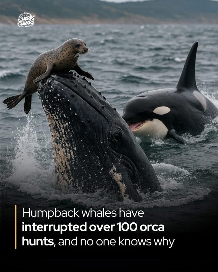 Humpback whales have interrupted over 100 orca hunts, and no one knows why

image of a humpback whale stealing a seal and an orca about to fucking go off