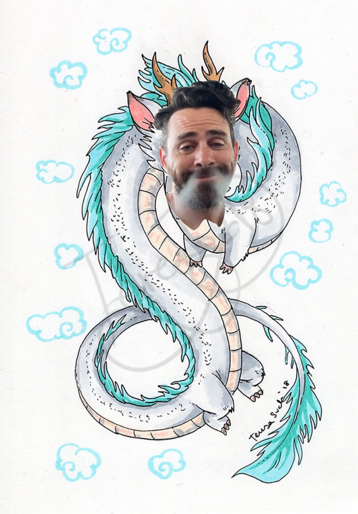 stoned jeff with bong smoke coming out of nose but face is on a drawing of a dragon 