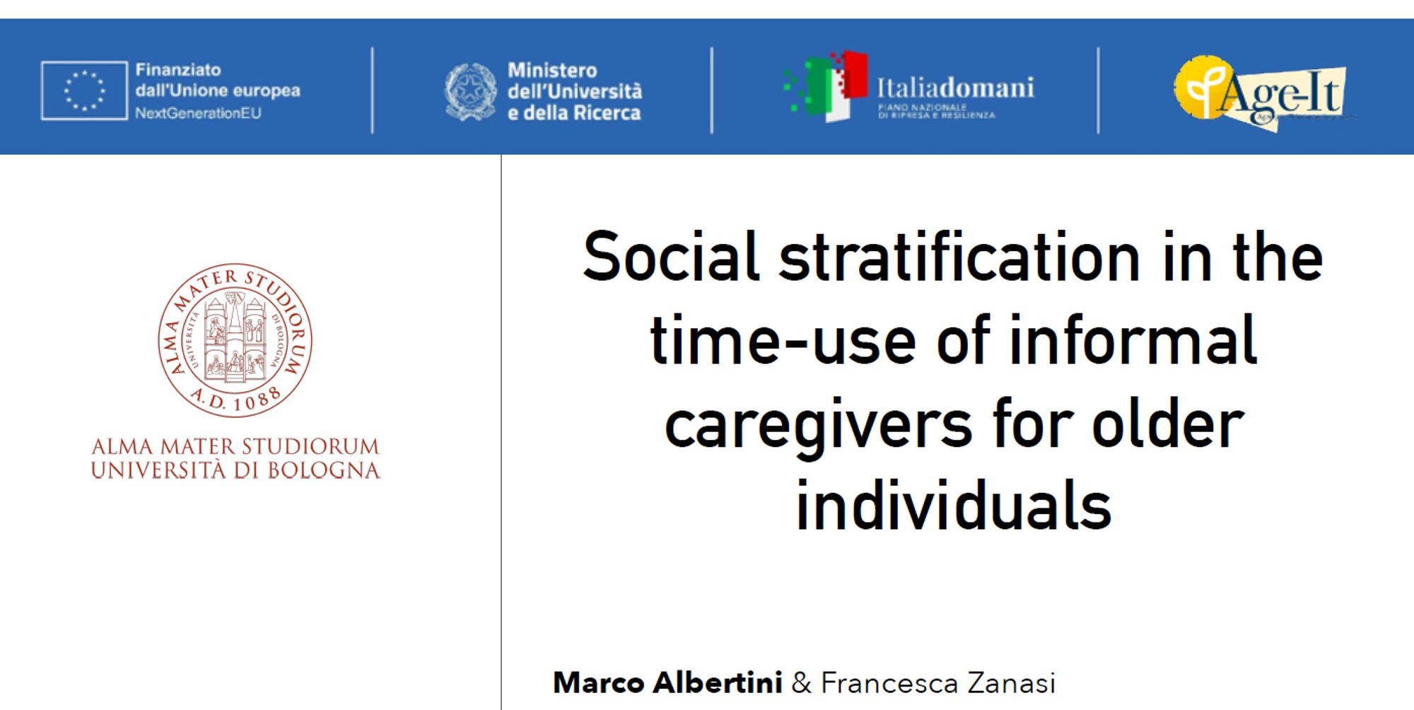 slide showing the title of presentation: "social stratification in the time-use of informal caregivers for older individuals"