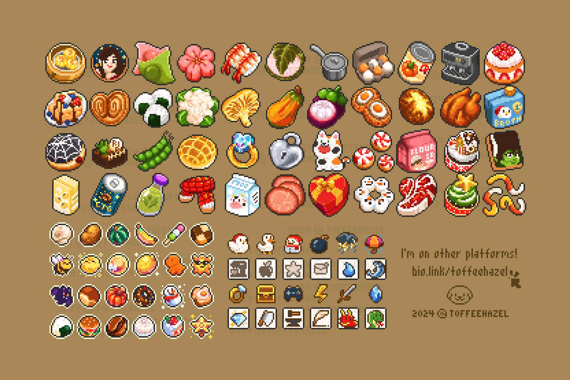 premade sprites/icons of assorted foods, kitchen tools and beverages, as well as twitch sub badges and small icons for gamedev. :D