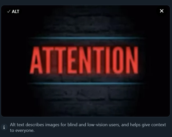 Screenshot of a gif of a red neon sign that says "attention". It has the ALT badge in the top corner ticked, and bluesky's handy explanation of alt text is displayed below the image: "Alt text describes images for blind and low-vision users, and helps give context to everyone."