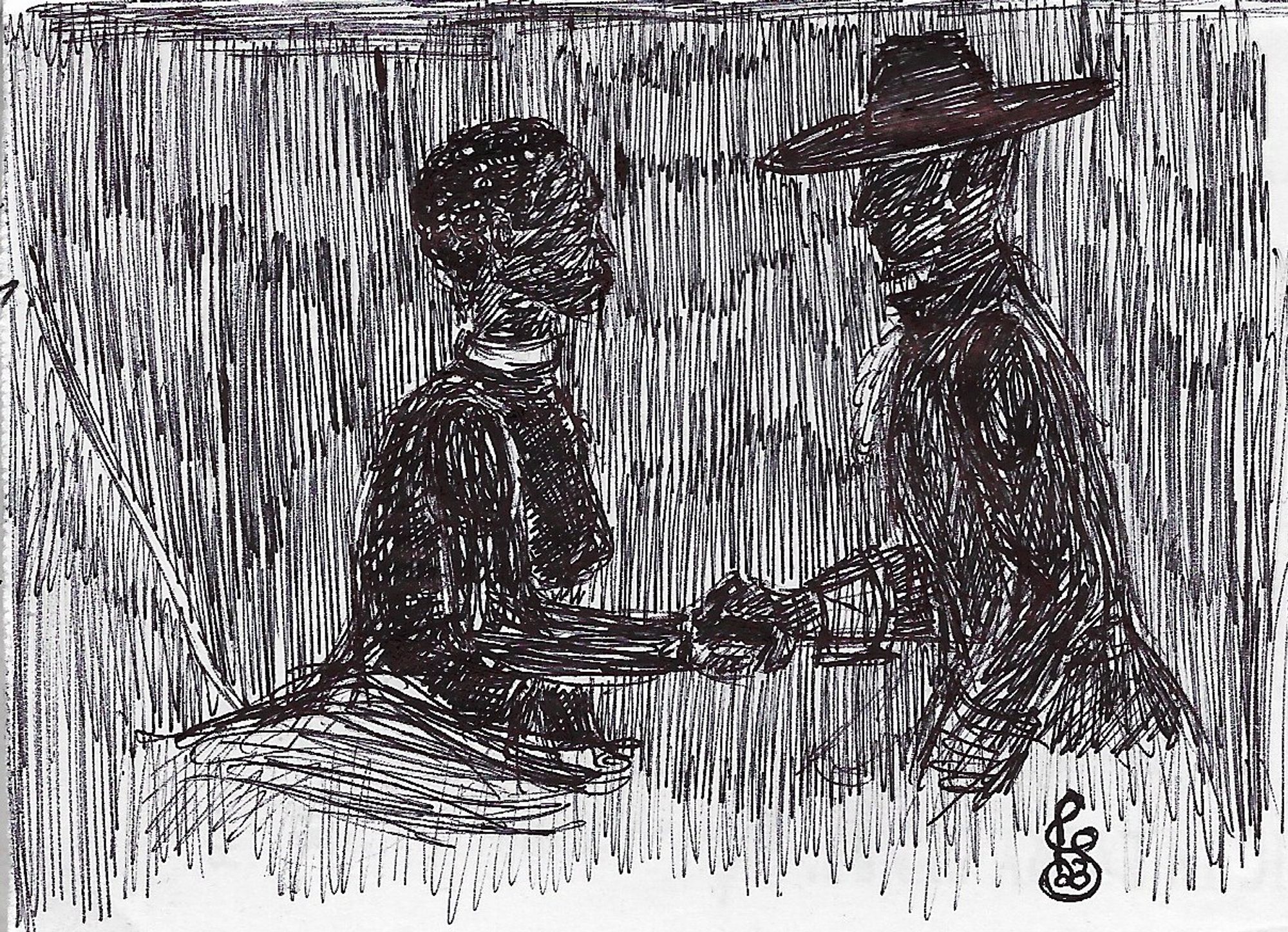 Black ballpoint pen doodle of Mat and the Windfinder damane shaking hands in the darkness.

They're both shadows, little more than silhouettes, and shown from the hips up. The Windfinder is a woman with short curly hair, a blanket draped across her lower body. Her upper body is twisted towards Mat as she grips his hand. The simple collar around her neck is the only part of her that isn't dark.

Mat has his broad-brimmed hat on, and just a hint of pale lace spilling from his collar. He's facing her, leaning forwards a bit.