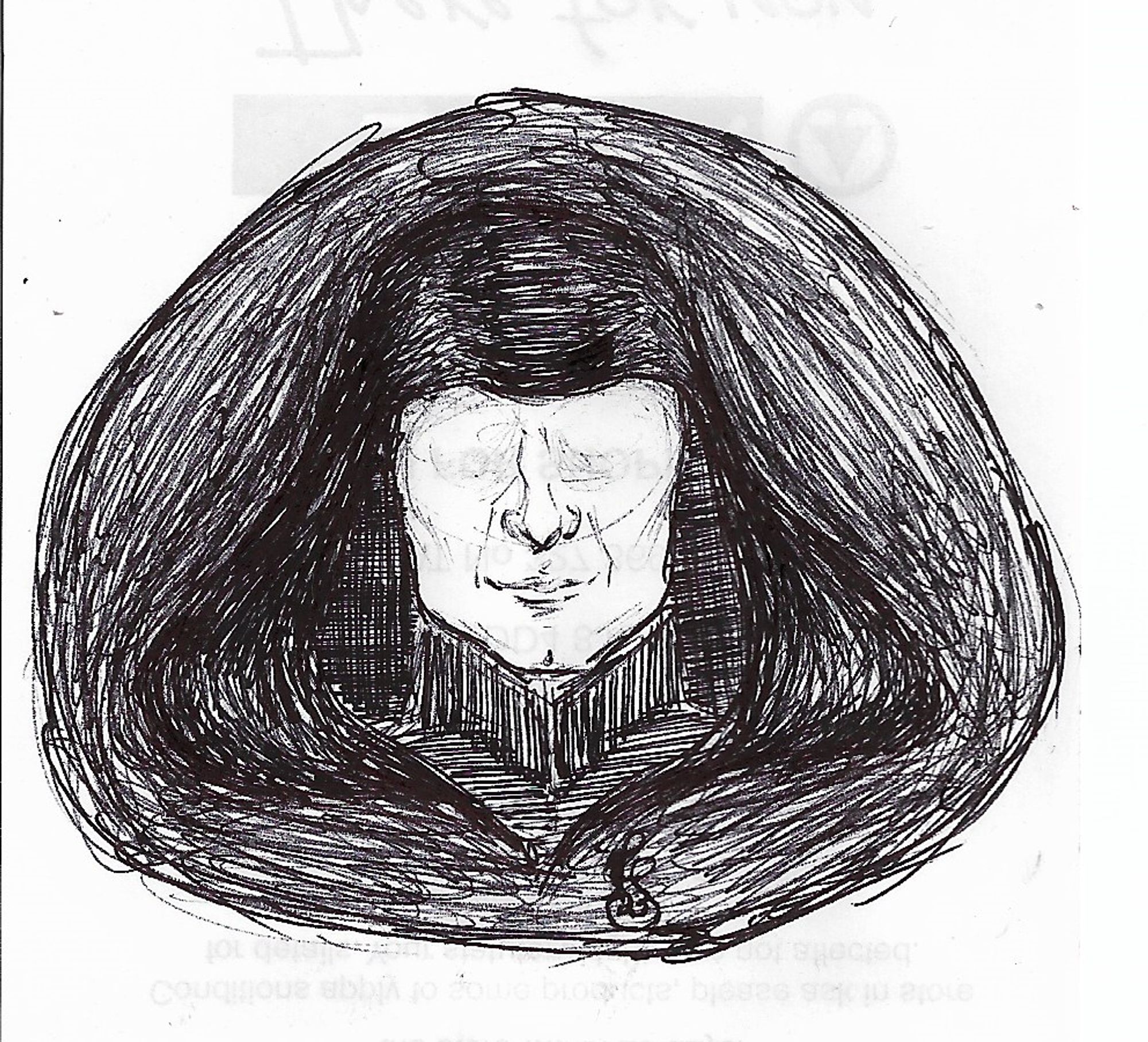 Black ballpoint pen doodle of the hooded head of a Fade. Its pale, eyeless face wears a tiny, mocking smile.

The Fade's face is that of a middle-aged man, except there's only smooth pale skin where his eyes would be.

His hood and high-collared coat are all variations on black shaded with different kinds of pen strokes to set them apart. The background is a slightly lighter, vaguely oval blob of shadow.