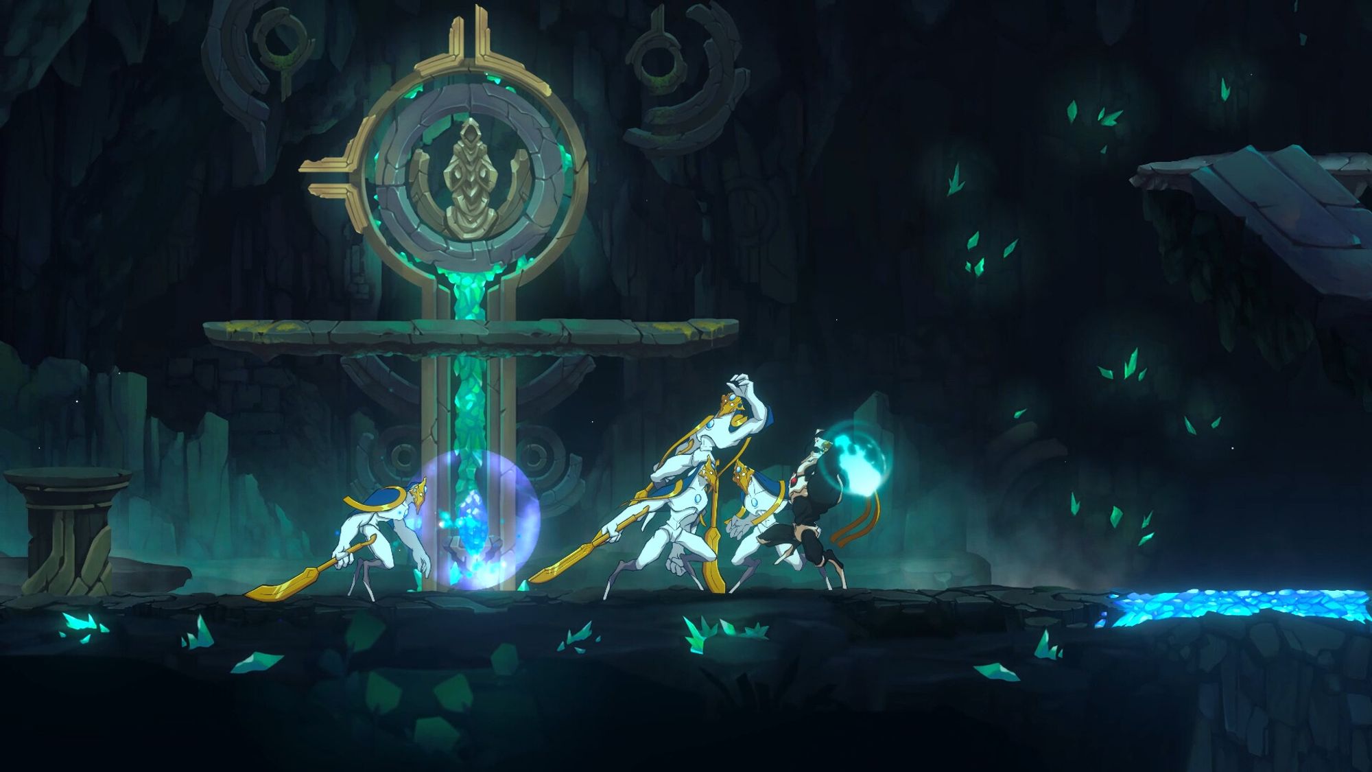 Robotic characters battling in a dark cave in Fallen Tear: The Ascension.