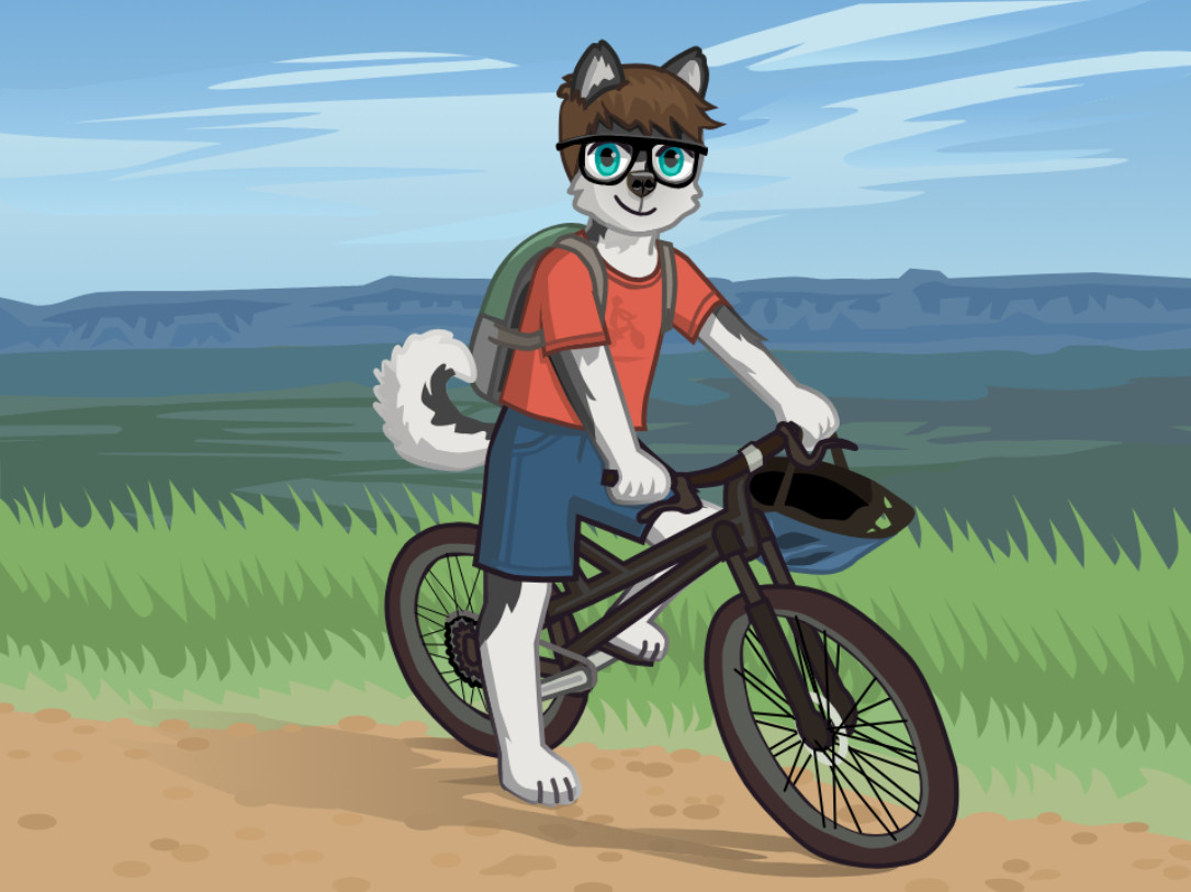 an anthropomorphic husky boy wears a red t-shirt and jean shorts, while riding on a mountain bike with blue mountains in the background.