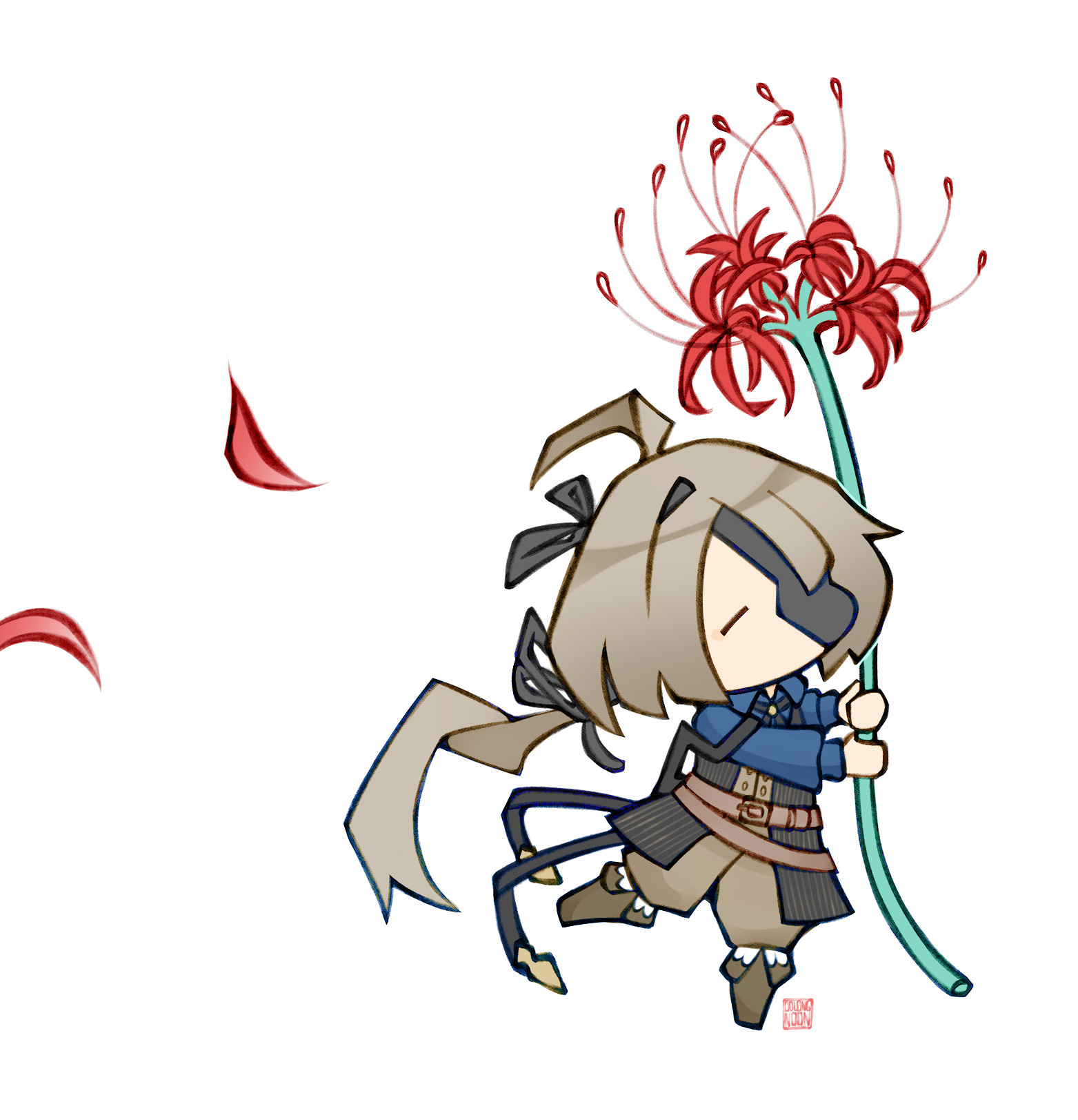 A chibi art of Yves from Virche Evermore -Error: Salvation-. He has light brownish-grey hair in a long ponytail. He wears a distinct eyepatch, blue shirt with black pinstripe vest. He's holding a red spider lily. 