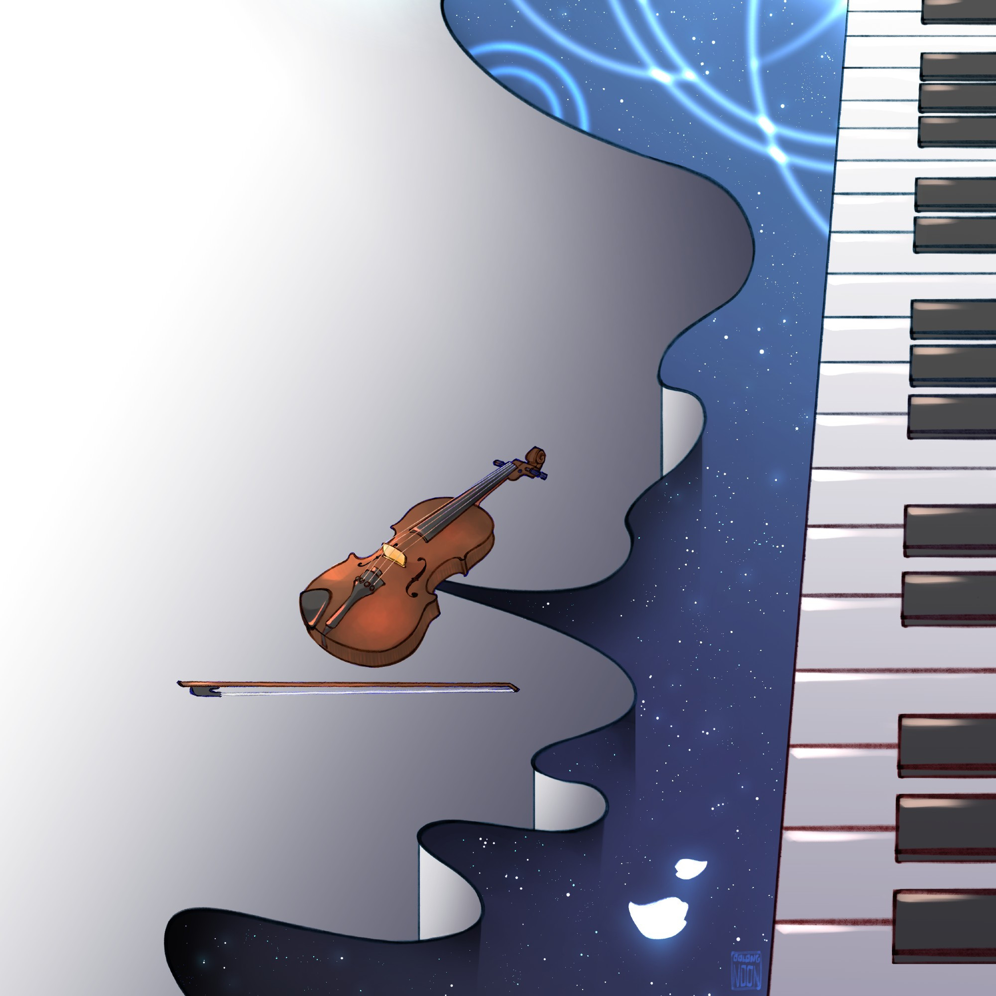 Album artwork for an arrangement album of different videogame ending themes. The art is surreal - there is a violin in the middle that parts the artwork in two. The left side is a grey void, while the right side has a starry ocean with glowing petals and lights, and piano keys stretched from the top side of the artwork to the bottom.