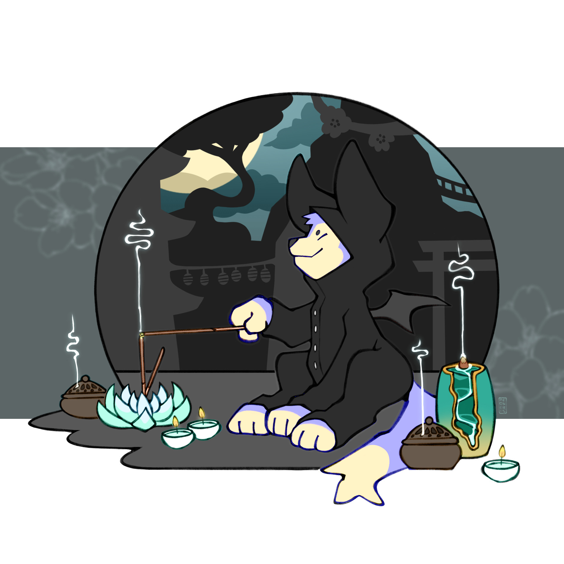 Art of my Baby Lupe from Neopets. He is wearing black devil pajamas, but the far eastern Shenkuu background and the zen incense surrounding him makes him look like a little ninja. He's lighting an incense stick.