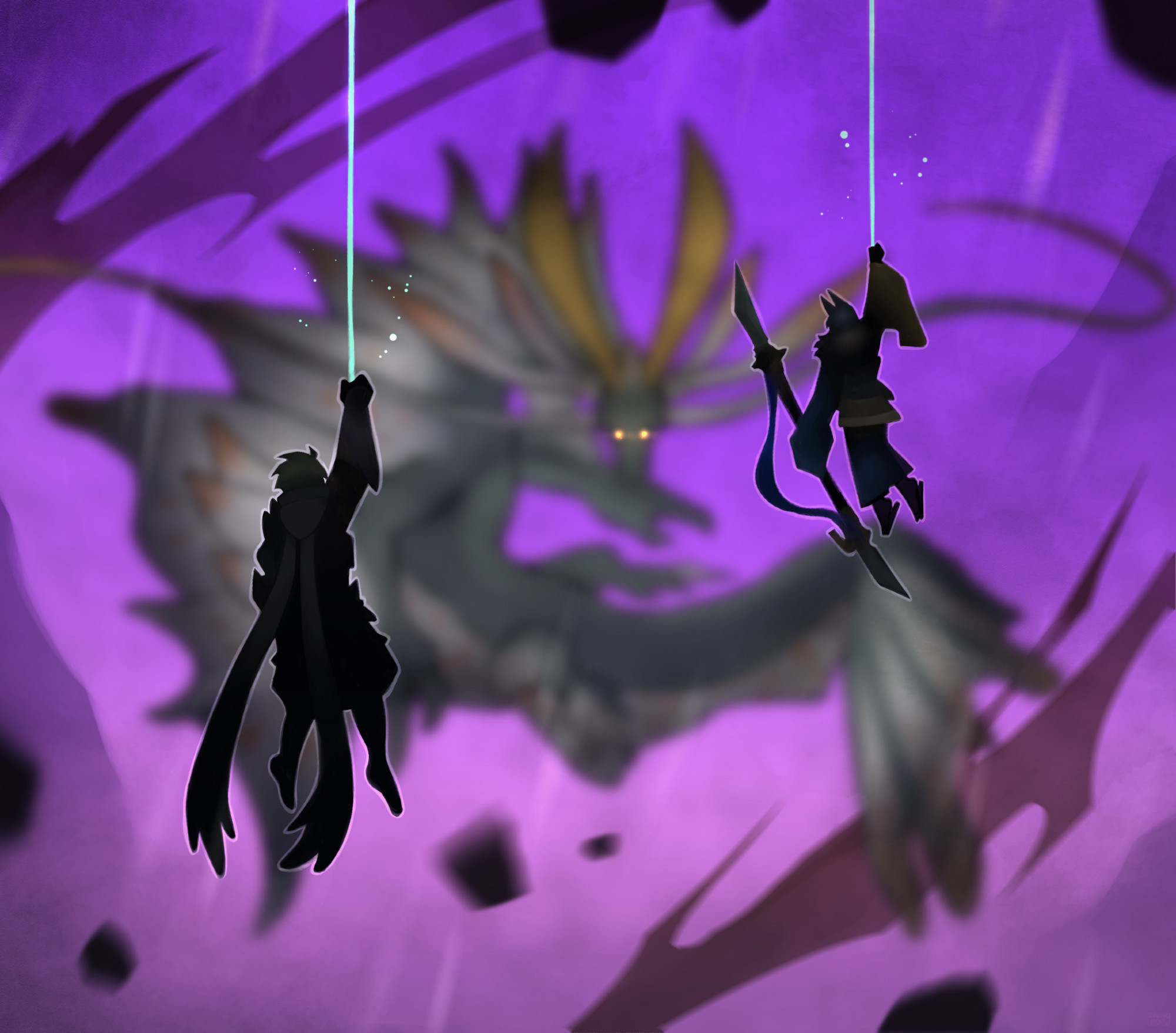 Illustration depicting the battle versus Amatsu in Monster Hunter Rise Sunbreak. In the foreground, Master Utsushi and the Hunter are suspended in the air holding onto wirebug thread. They are avoiding the onslaught of the calamitous Amatsu. 