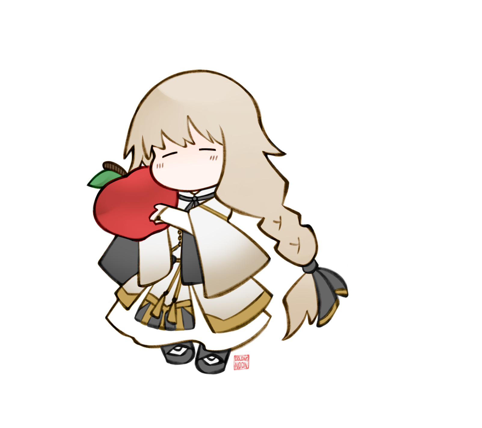 A chibi of Lucas from Virche Evermore -Error: Salvation-. He has white and gold robes, and long light blonde hair done in a braid. He's happily holding an apple.