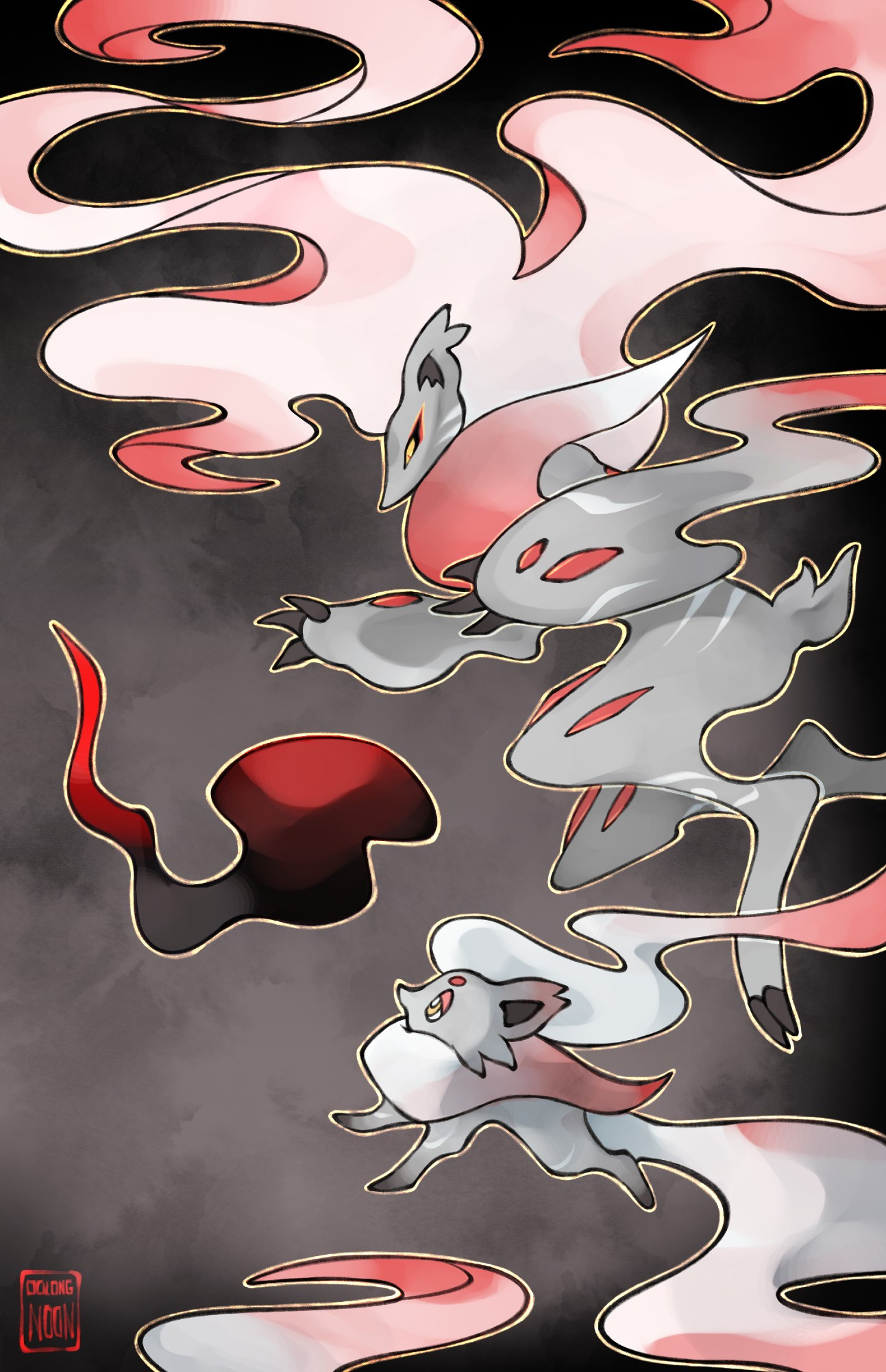 Artwork of Hisuian Zoroark and Zorua from Pokemon Legends Arceus. Zoroark is conjuring a malevolent spirit orb for the Zorua.