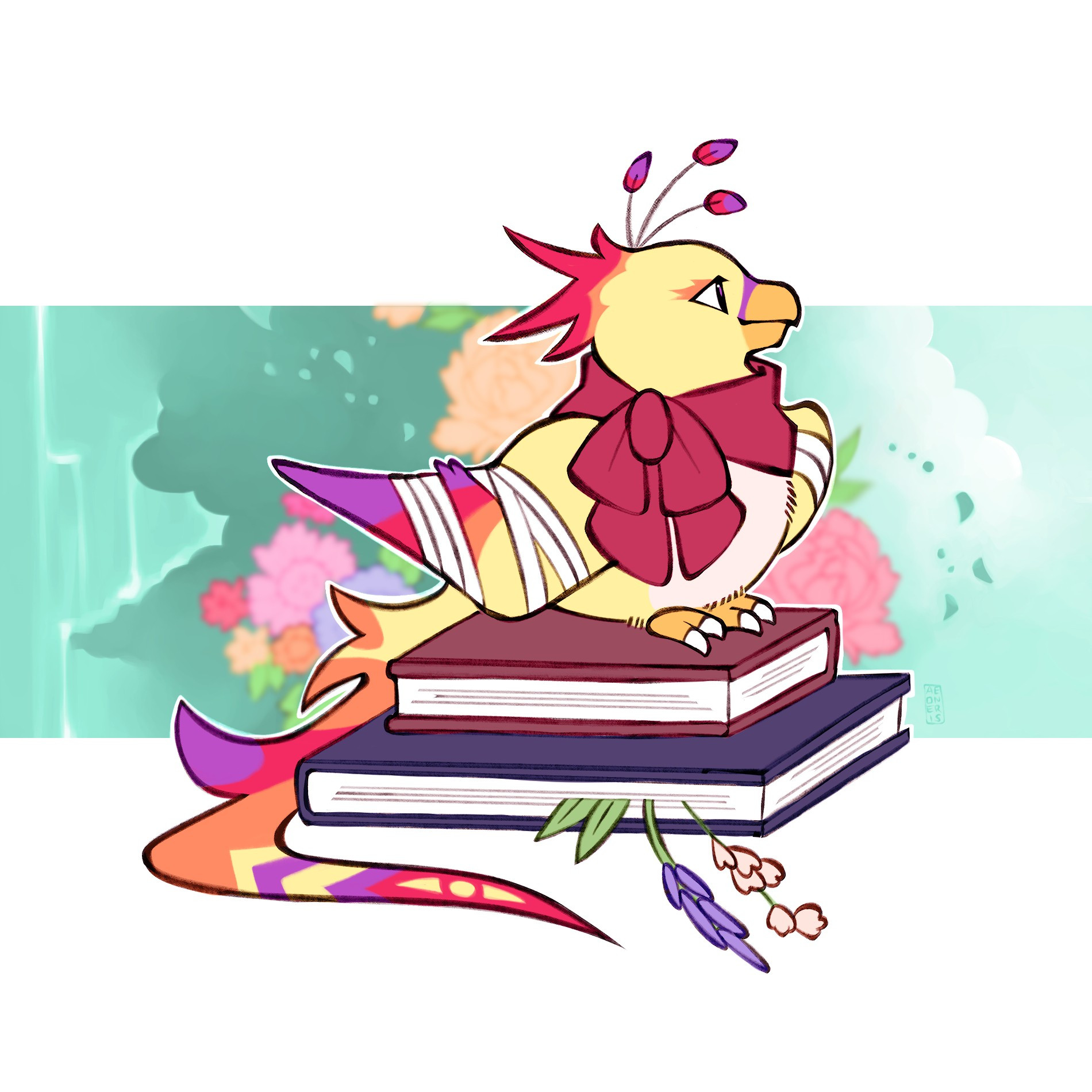 Artwork of my Faerie Pteri from Neopets. She has a big red scarf on her neck, and bandaged wings. She's perching on a stack of books that have dried herbs in them. The background is a serene green with foliage and flowers.