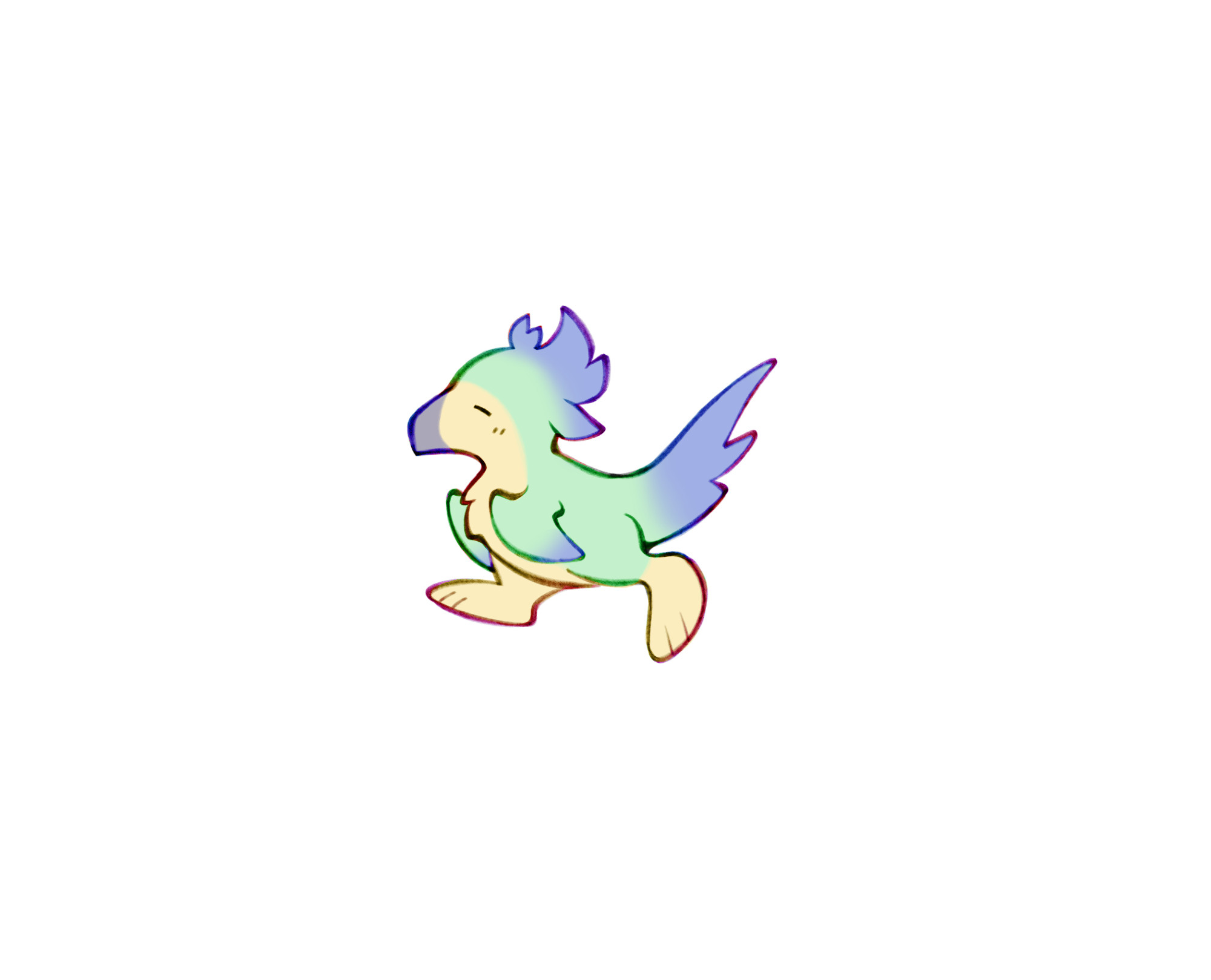 Little drawing of a Seikret from Monster Hunter Wilds. A blue, green, and yellow bird-like creature. Happily strolling.