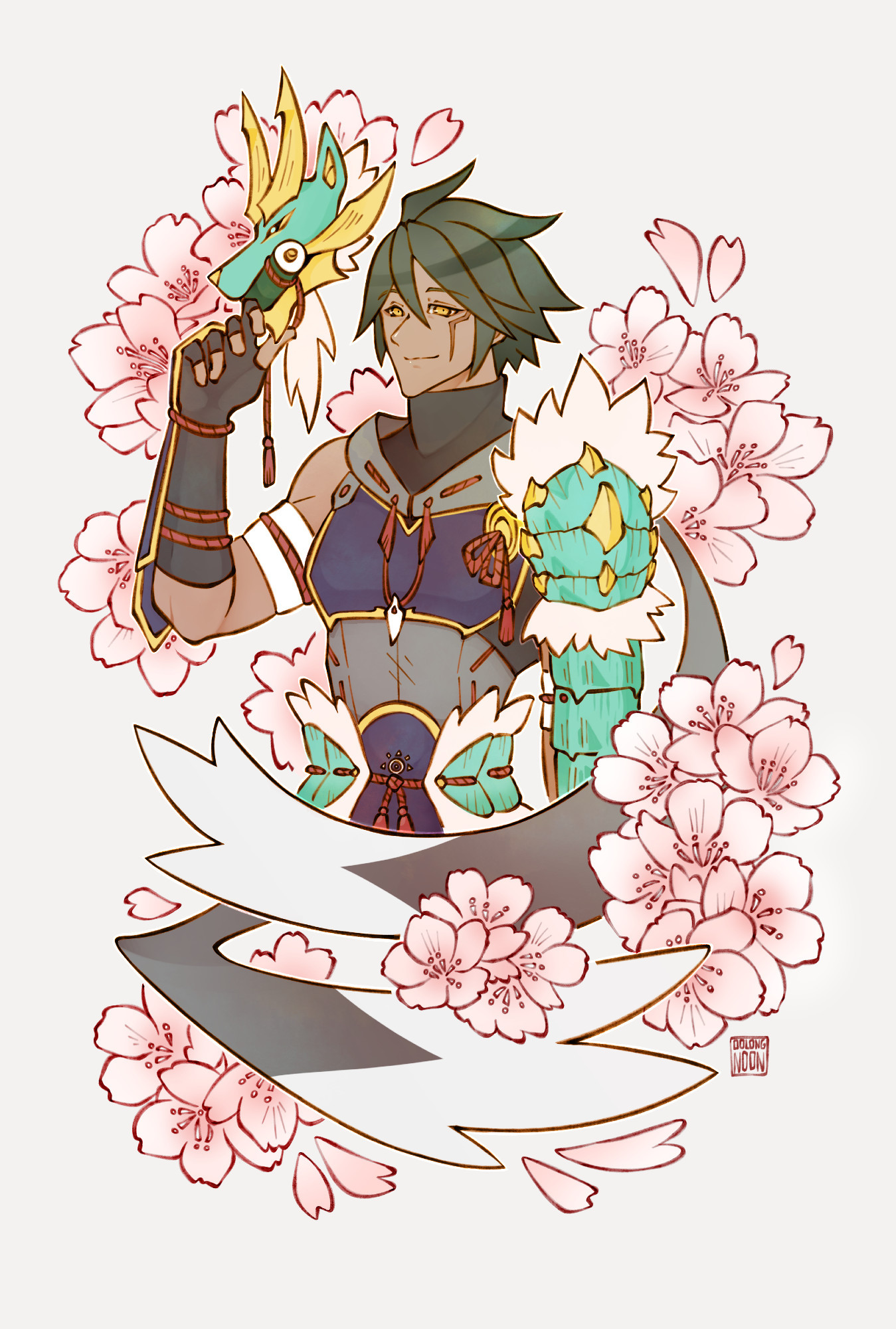 Artwork of Master Utsushi from Monster Hunter Rise. He's carrying his Zinogre mask while surrounded with cherry blossoms.