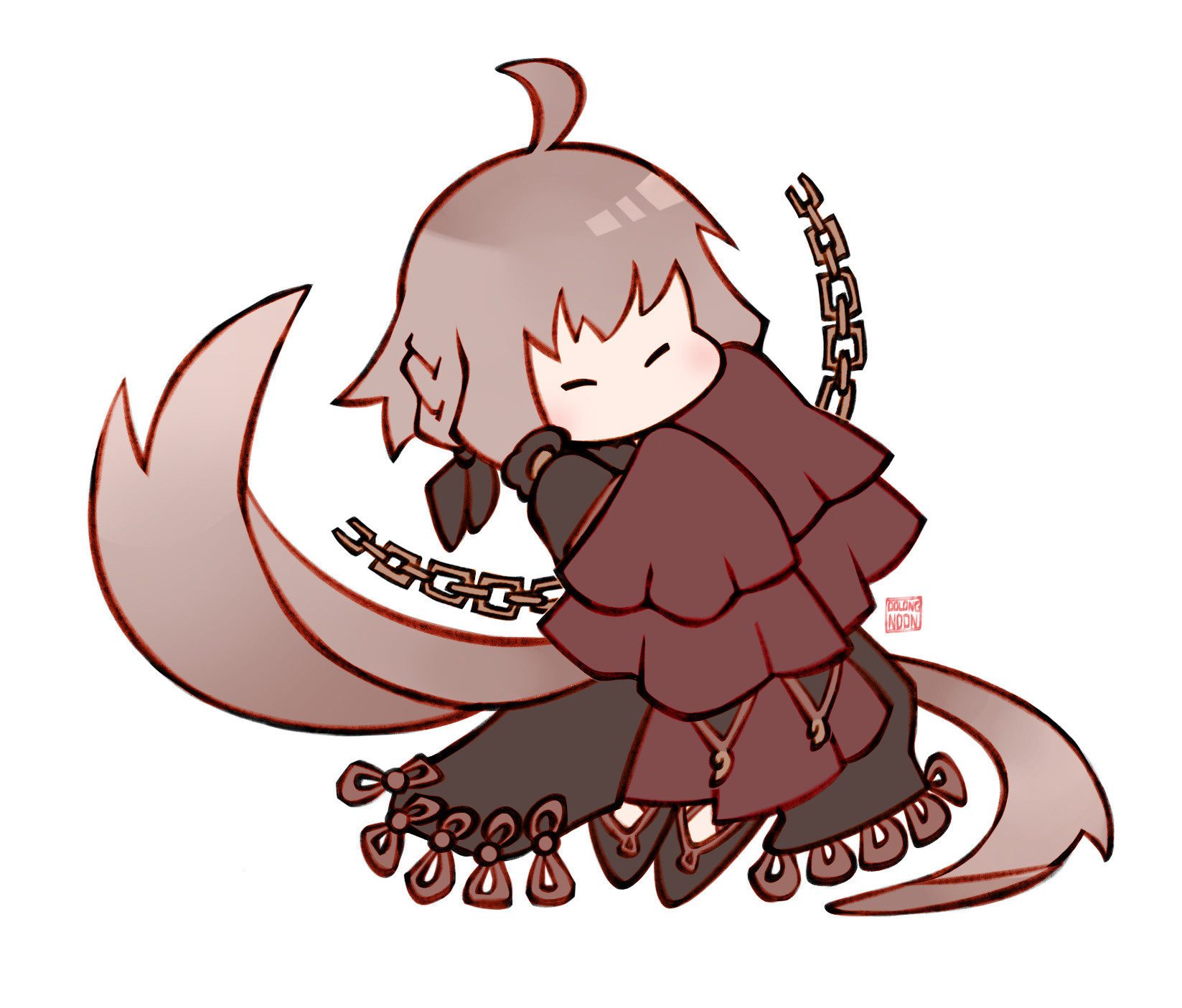 A chibi of Ankou from Virche Evermore -Error: Salvation-. He has very long hair that sways left and right. He has long red sleeves that he's holding up to his face. He has chains around him. The rest of his outfit is long and black/red. 