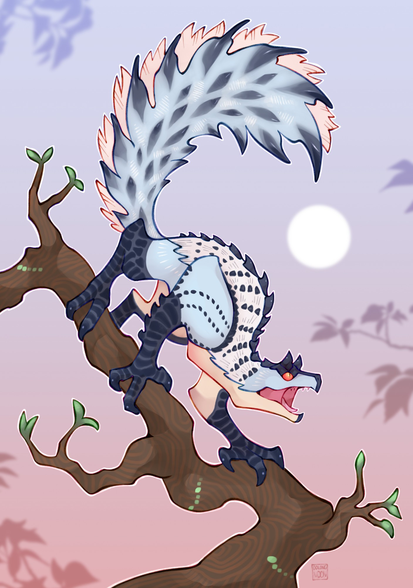 Artwork of Tobi-Kadachi from Monster hunter on a large branch. The sky is a moody blue and red, with a white evening sun in the background.