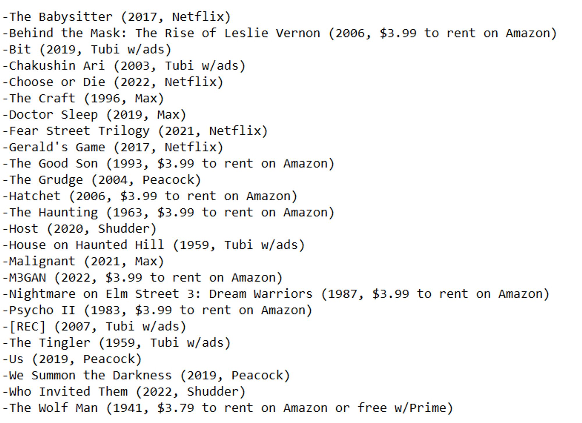 A list of horror movie recommendations and where to watch them:

-The Babysitter (2017, Netflix)
-Behind the Mask: The Rise of Leslie Vernon (2006, $3.99 to rent on Amazon)
-Bit (2019, Tubi w/ads)
-Chakushin Ari (2003, Tubi w/ads)
-Choose or Die (2022, Netflix)
-The Craft (1996, Max)
-Doctor Sleep (2019, Max)
-Fear Street Trilogy (2021, Netflix)
-Gerald's Game (2017, Netflix)
-The Good Son (1993, $3.99 to rent on Amazon)
-The Grudge (2004, Peacock)
-Hatchet (2006, $3.99 to rent on Amazon)
-The Haunting (1963, $3.99 to rent on Amazon)
-Host (2020, Shudder)
-House on Haunted Hill (1959, Tubi w/ads)
-Malignant (2021, Max)
-M3GAN (2022, $3.99 to rent on Amazon)
-Nightmare on Elm Street 3: Dream Warriors (1987, $3.99 to rent on Amazon)
-Psycho II (1983, $3.99 to rent on Amazon)
-[REC] (2007, Tubi w/ads) 
-The Tingler (1959, Tubi w/ads)
-Us (2019, Peacock)
-We Summon the Darkness (2019, Peacock)
-Who Invited Them (2022, Shudder)
-The Wolf Man (1941, $3.79 to rent on Amazon or free w/Prime)