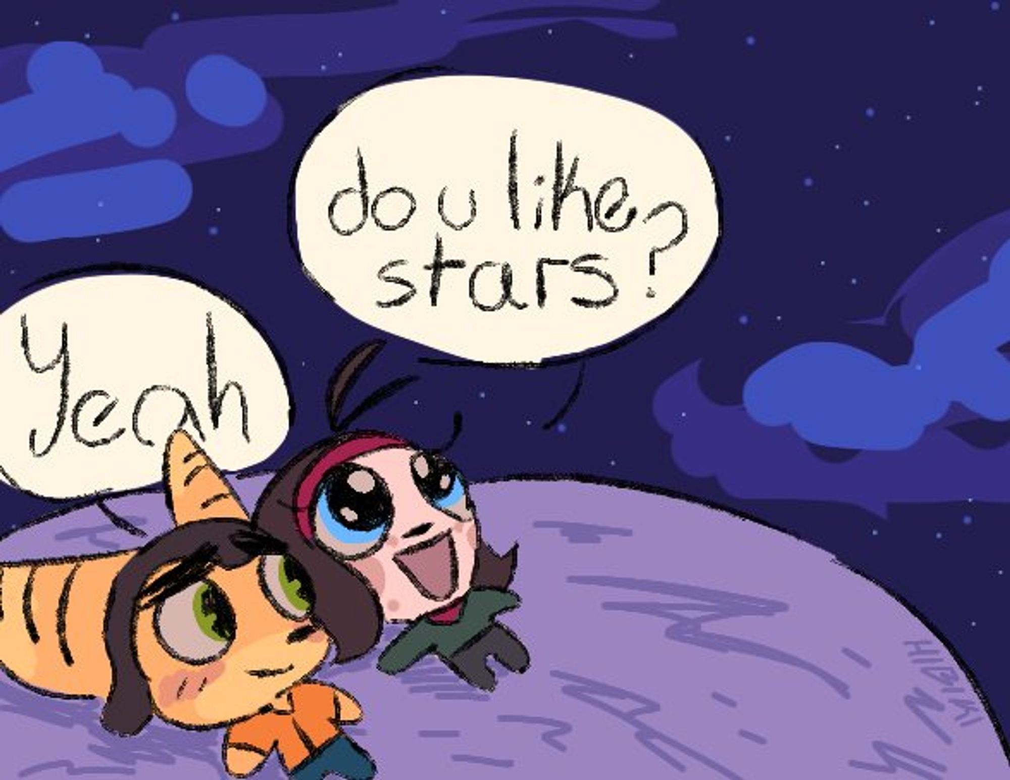 Super-deformed Ratchet and Talwyn like on their backs on a moon, looking up at a starry sky. Talwyn asks "do u like stars?", and Ratchet replied "Yeah"