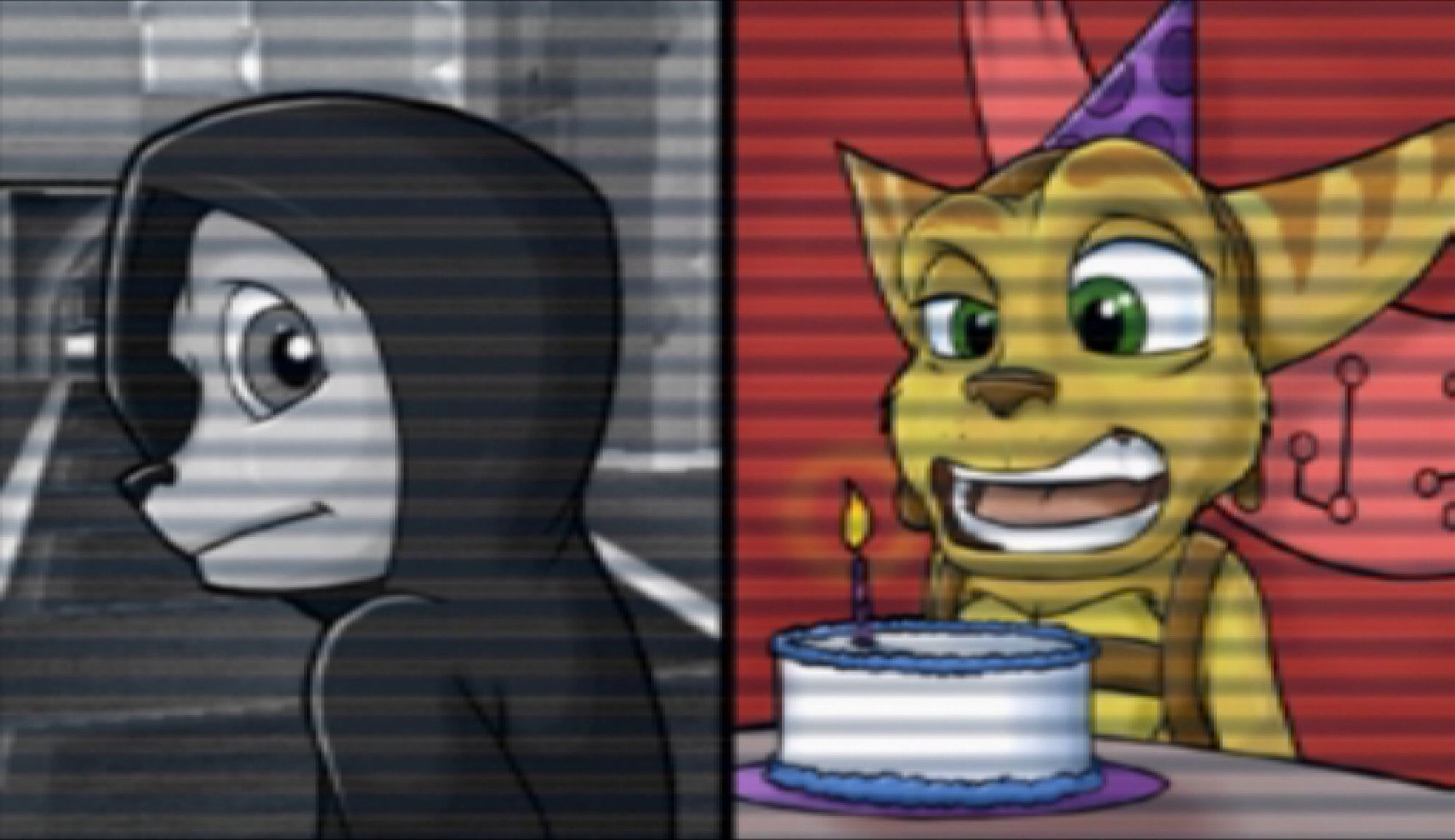 A split-screen shot. The left-hand shot is a black-and-white security photo of Ratchet is a black hood. The right-hand shot is a rather ignoble picture of Ratchet about to blow out a birthday cake.