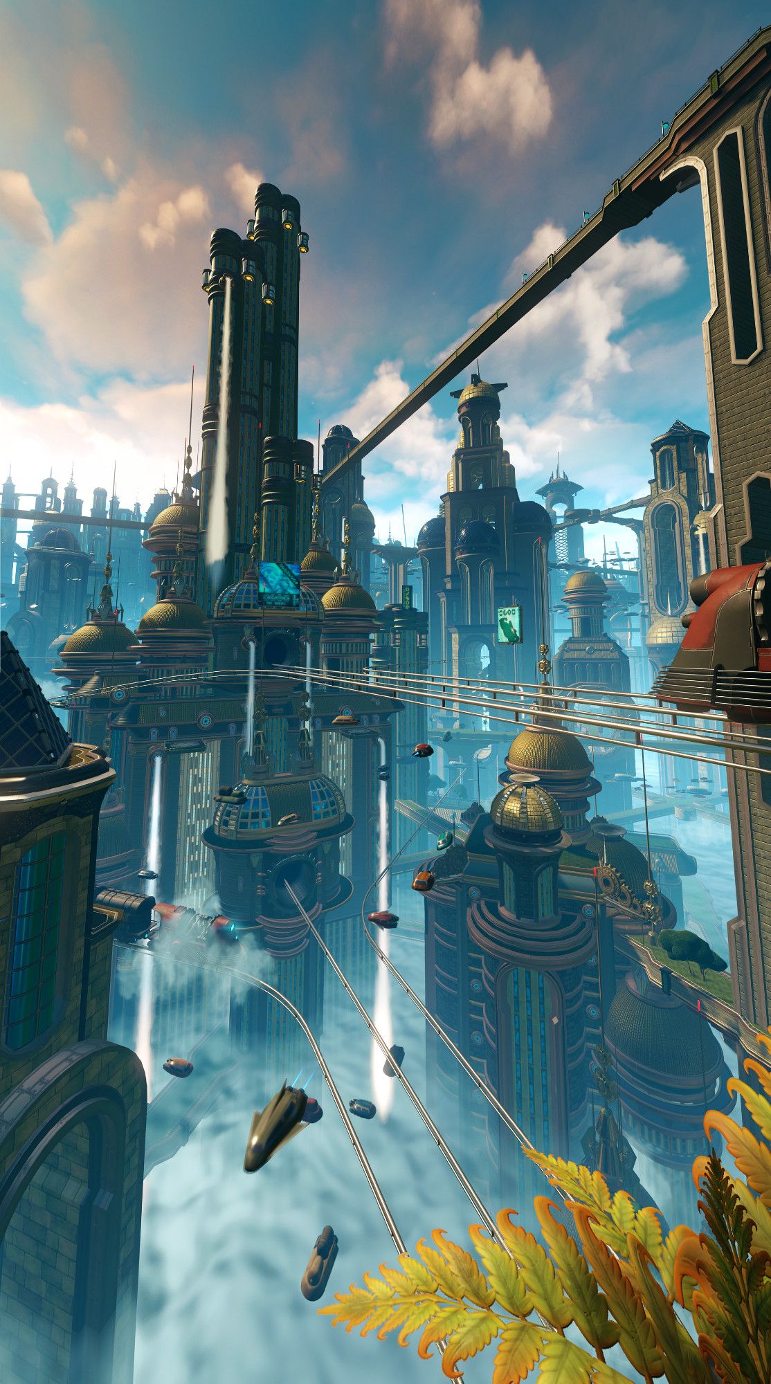 View of a futuristic cityscape above the clouds, with monorail tracks, long skybridges, and tall buildings covered in plants and moss.