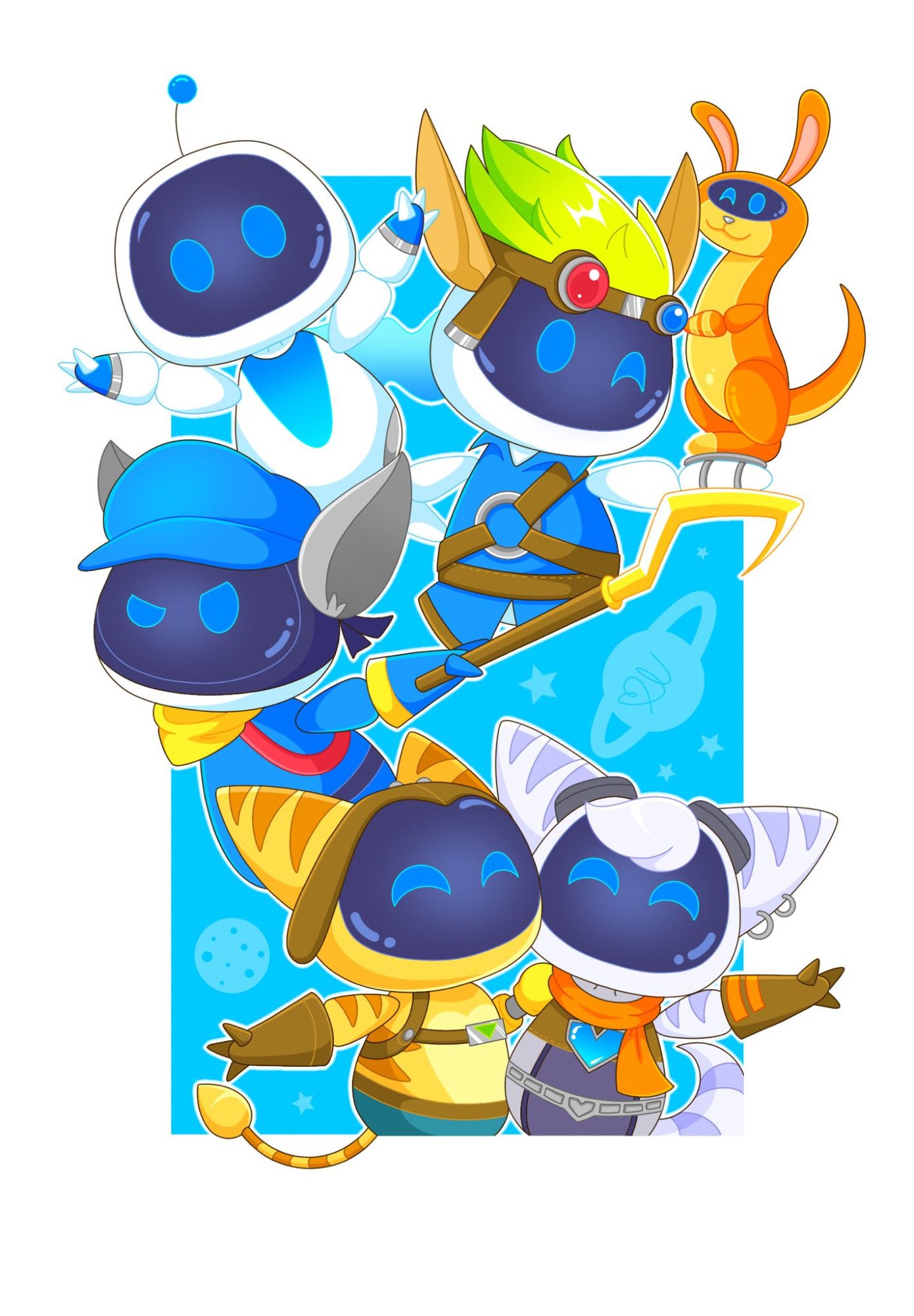 Artwork of six Bots from the Astro Bot series, consisting of (clockwise) Astro Bot, Jak, Daxter, Rivet, Ratchet, and Sly Cooper.