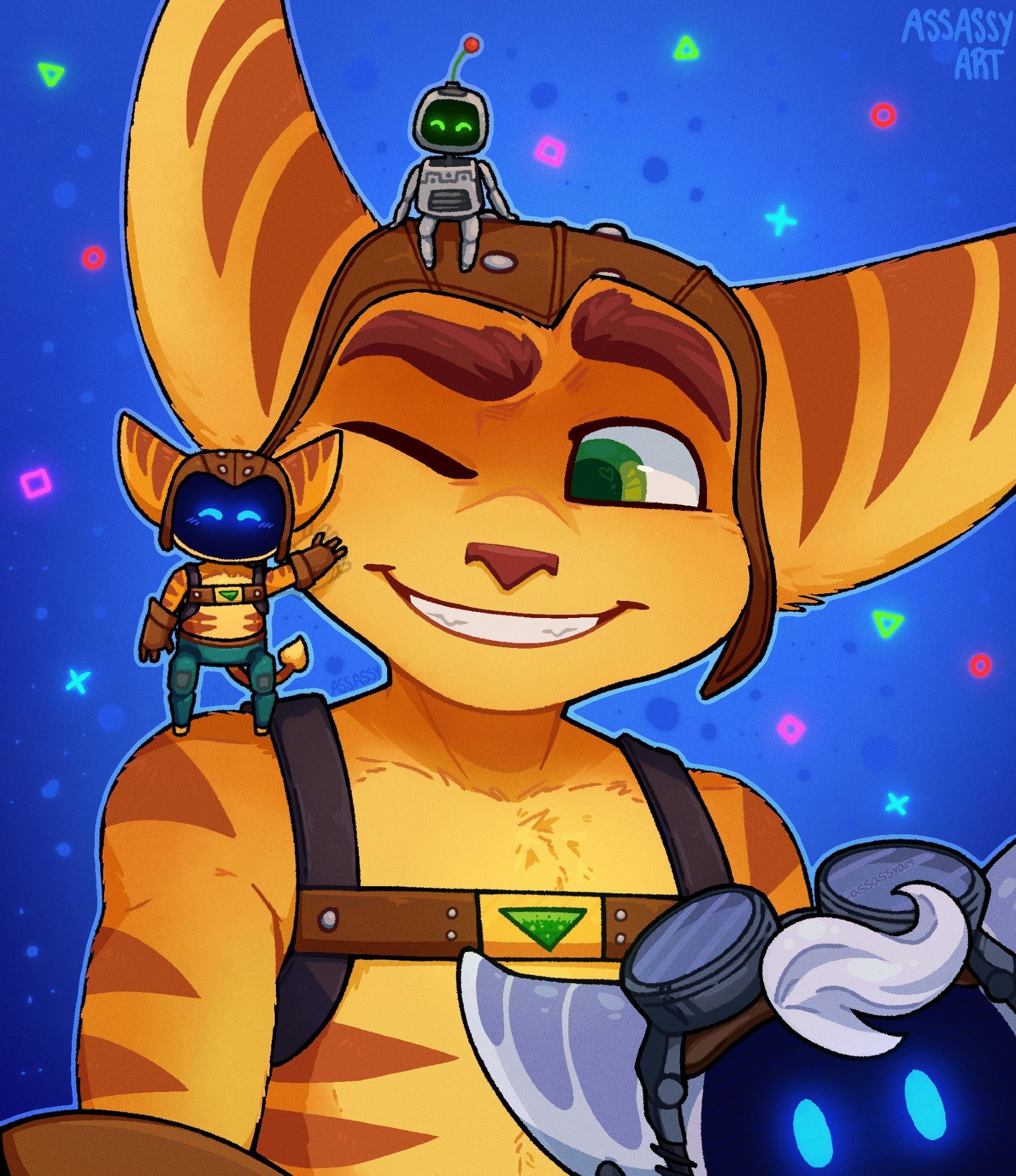 Artwork of Ratchet & Clank 1-era Ratchet (ie shirtless), with three Ratchet-related bots from Astro Bot: Ratchet Bot on his shoulder, Clank Bot on his head, and Rivet Bot peeking in the lower-right corner.