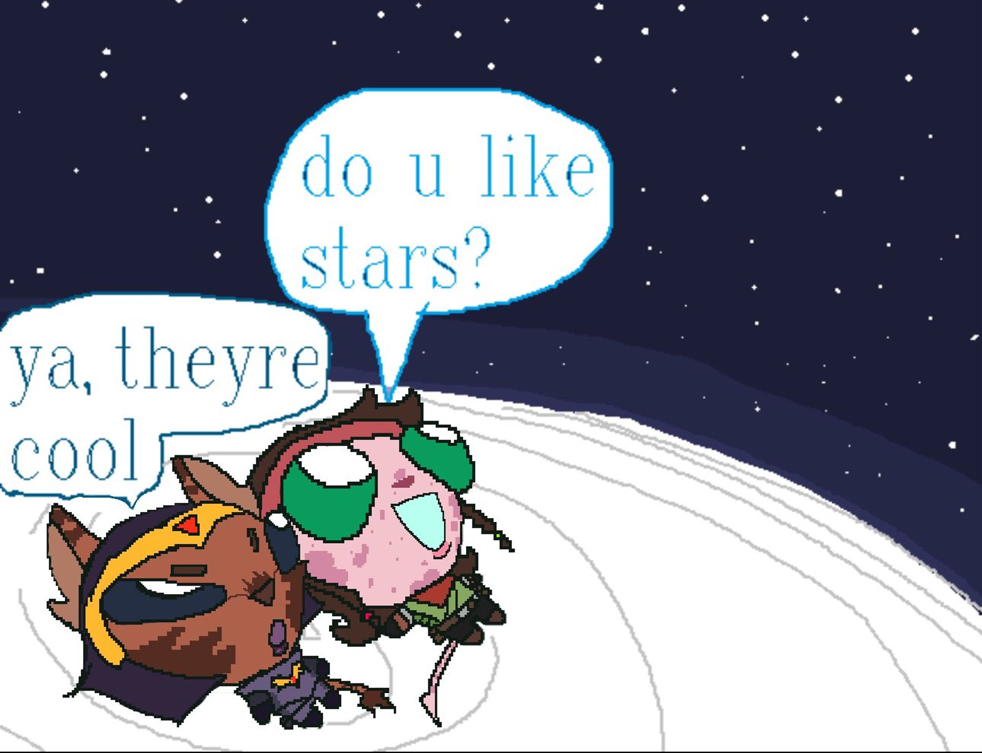 A super-deformed Talwyn and Sasha with very large eyes lie back on a moon looking up to space. Talwyn asks "do u like stars?", to which Talwyn replies "ya, theyre cool". The lack of grammar is intentional.