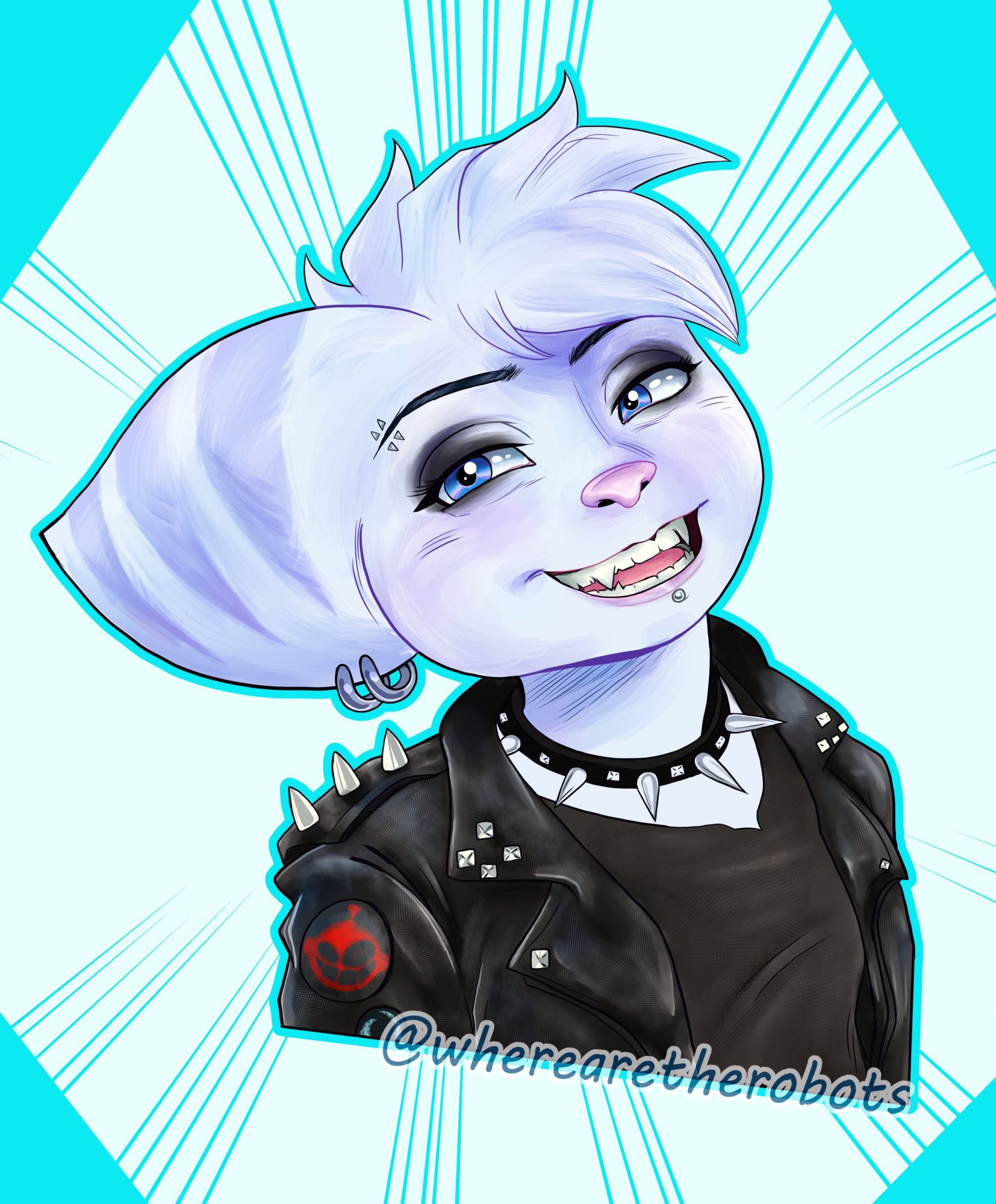 Bust sticker design for punk Rivet, who is smiling with glee and tilting her head. Rivet has extra lip and brow piercings, a spiked collar, a black shirt, and a black leather jacket with studs and a pad with a red Agents of Doom logo.