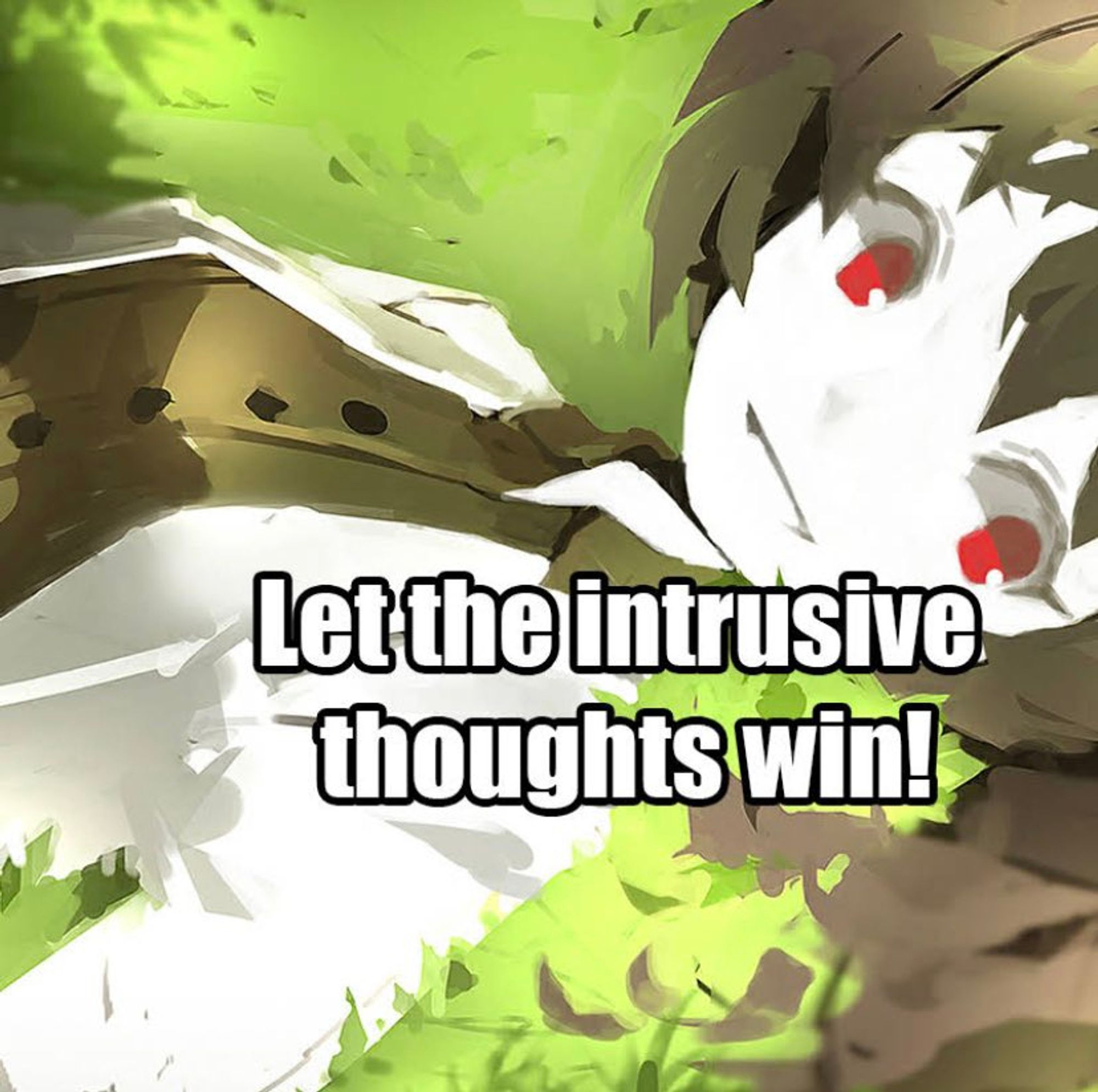 Cropped out screenshot of a fictional character called Carmen from the game Lobotomy Corporation grass, overlaid with the text "Let the intrusive thoughts win!"