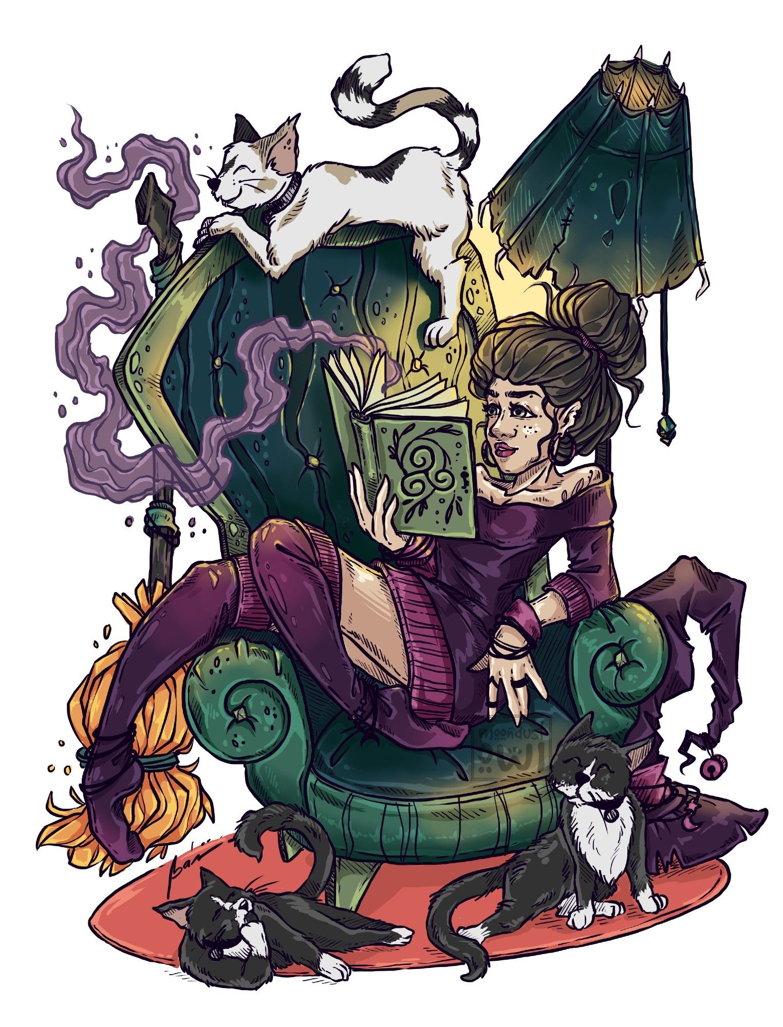 modern witch reading in armchair with cats