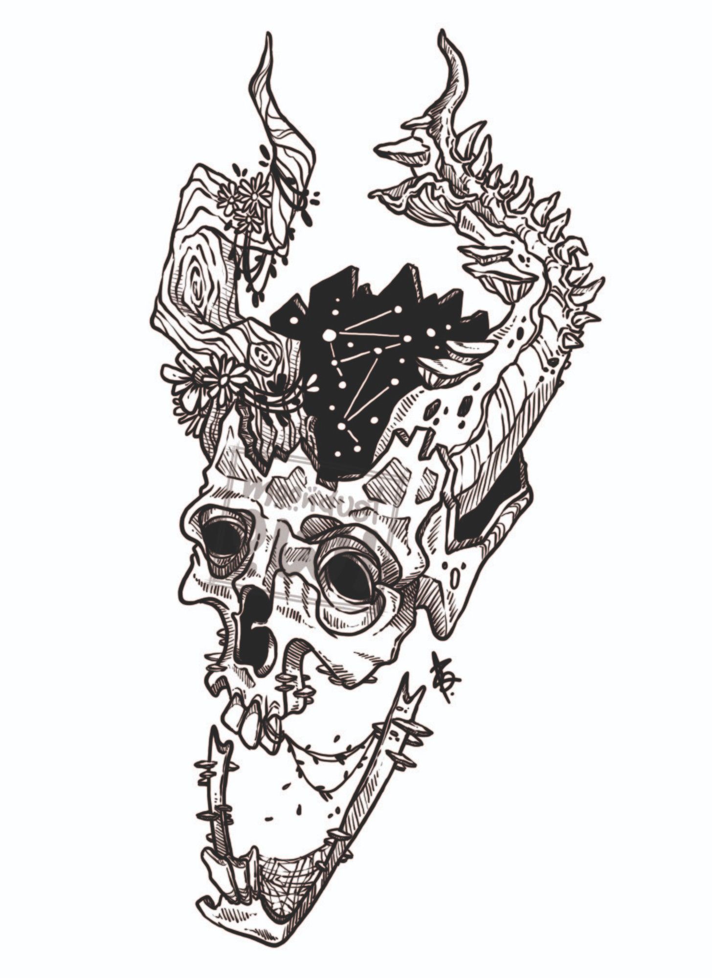 tattoo design, skull, universe, horns, nature