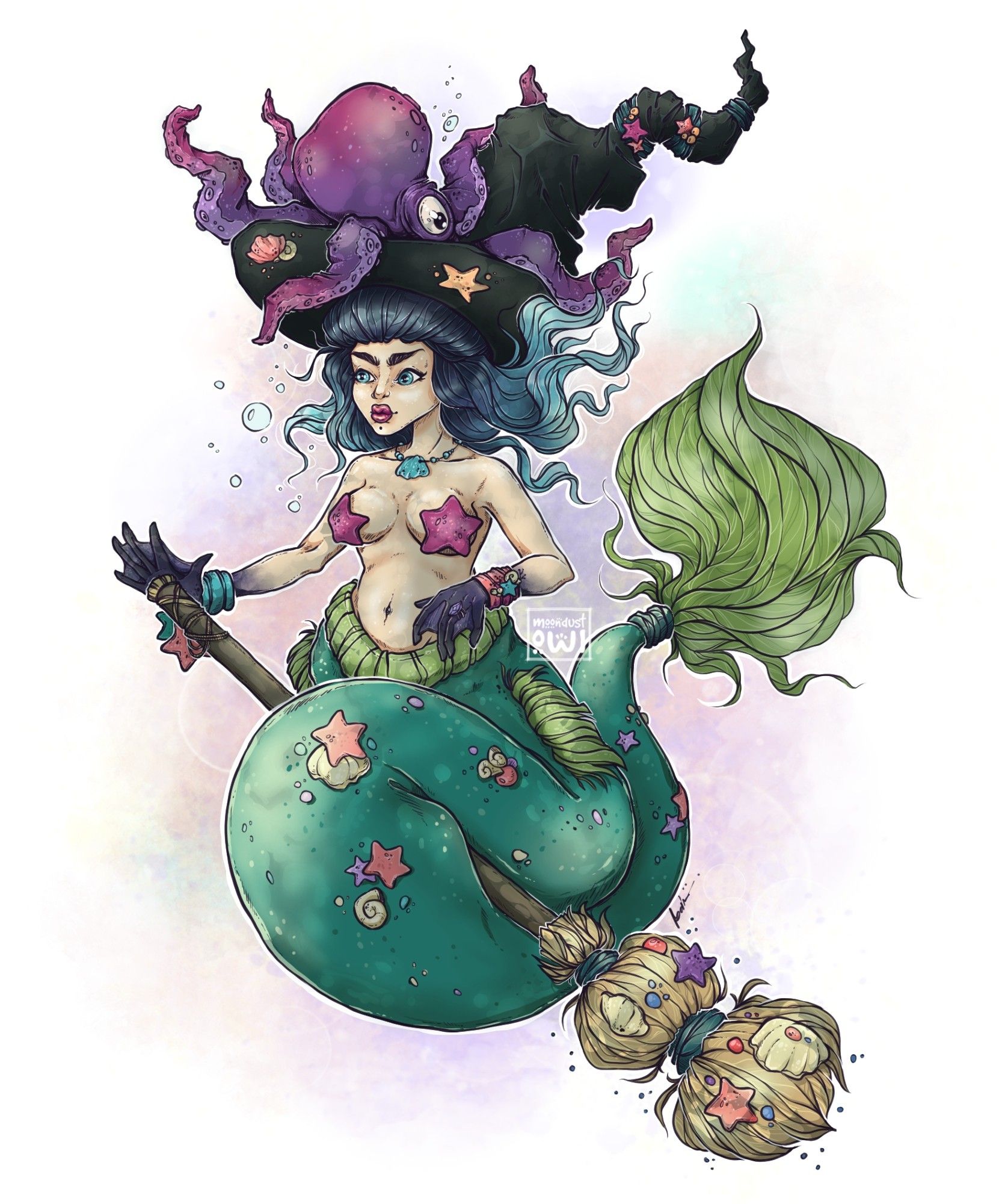 mermaid witch with octopus and broom