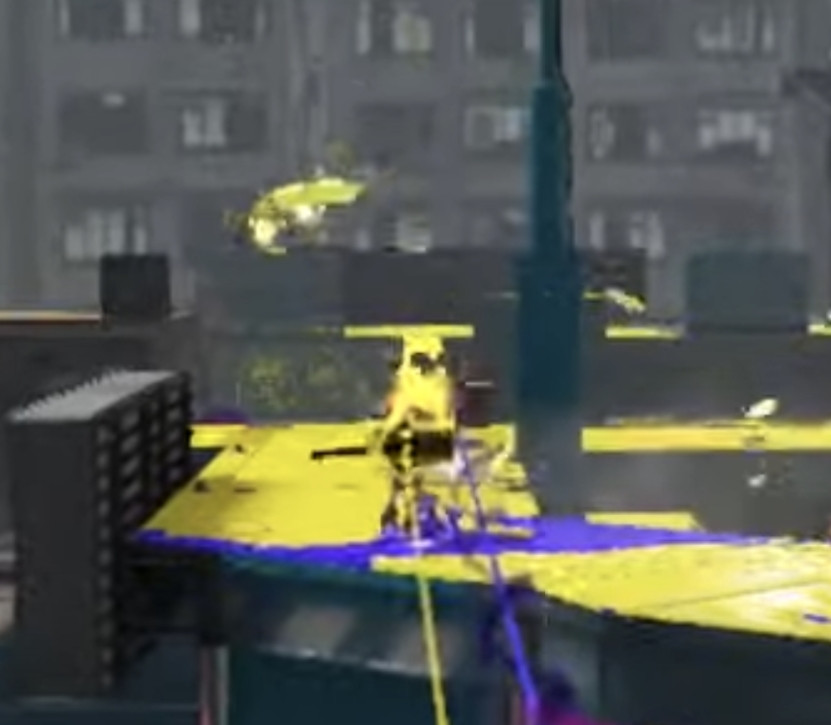 a zoomed-in screenshot from splatoon 3 of an inkling marked by point sensor. it is yellow, matching their own ink color.