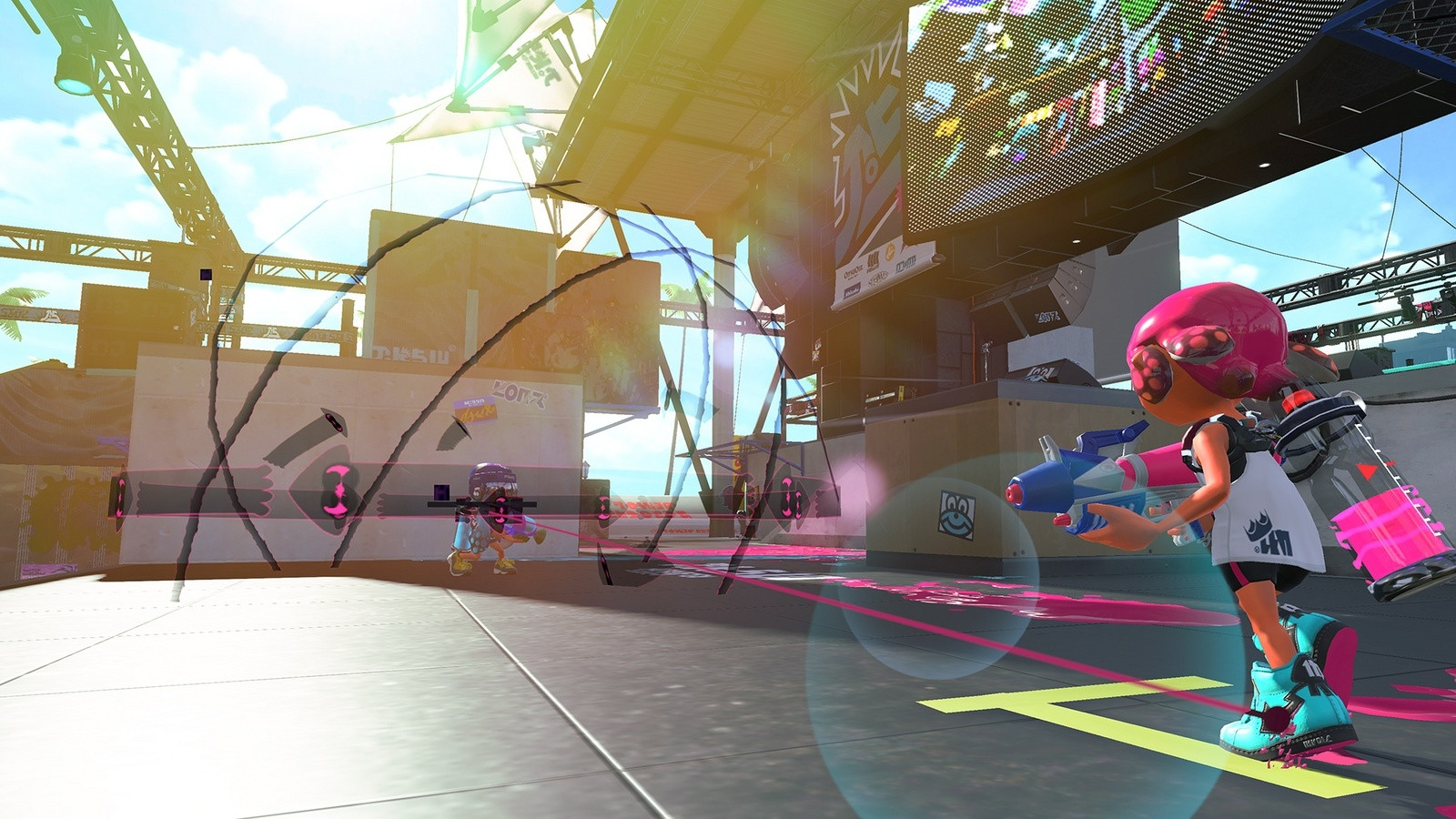 a promotional image from splatoon 2, showing an inkling being marked by point sensor. the marker is pink, matching the point sensor thrower