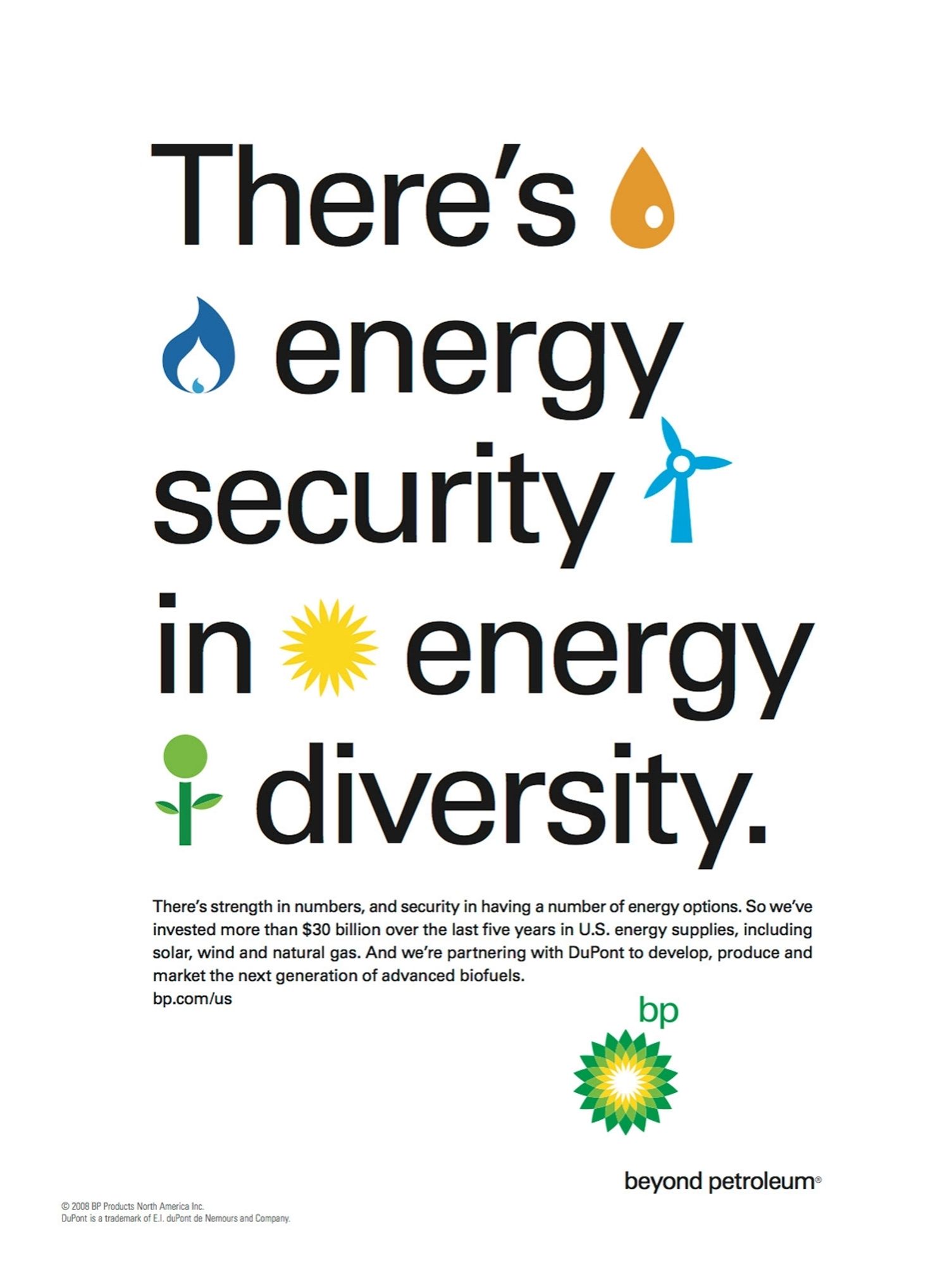 A BP and that reads "There's energy security in energy diversity". At the bottom of the page, under the BP logo, are the words "beyond petroleum".