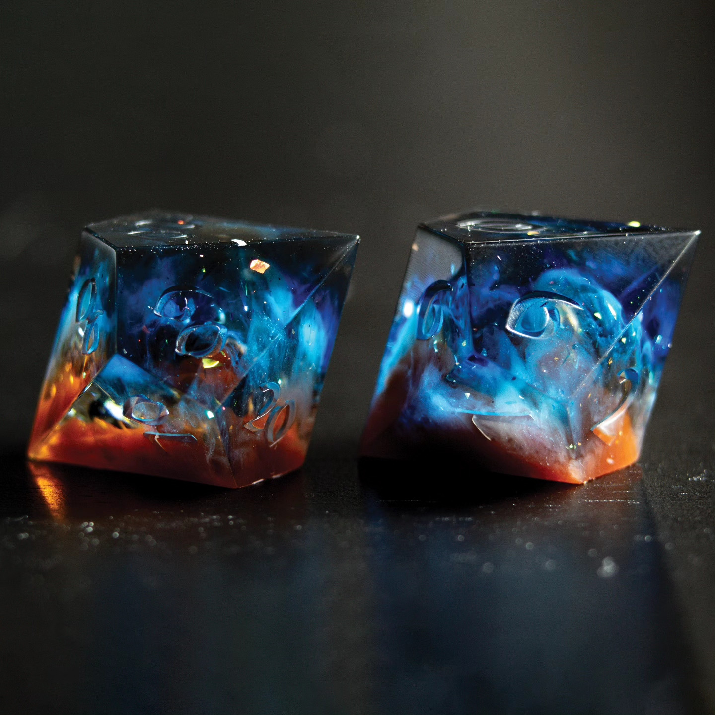 D10 and d% handmade dice, unsanded, unpolished, and uninked. Made to look like the Cosmic cliffs.