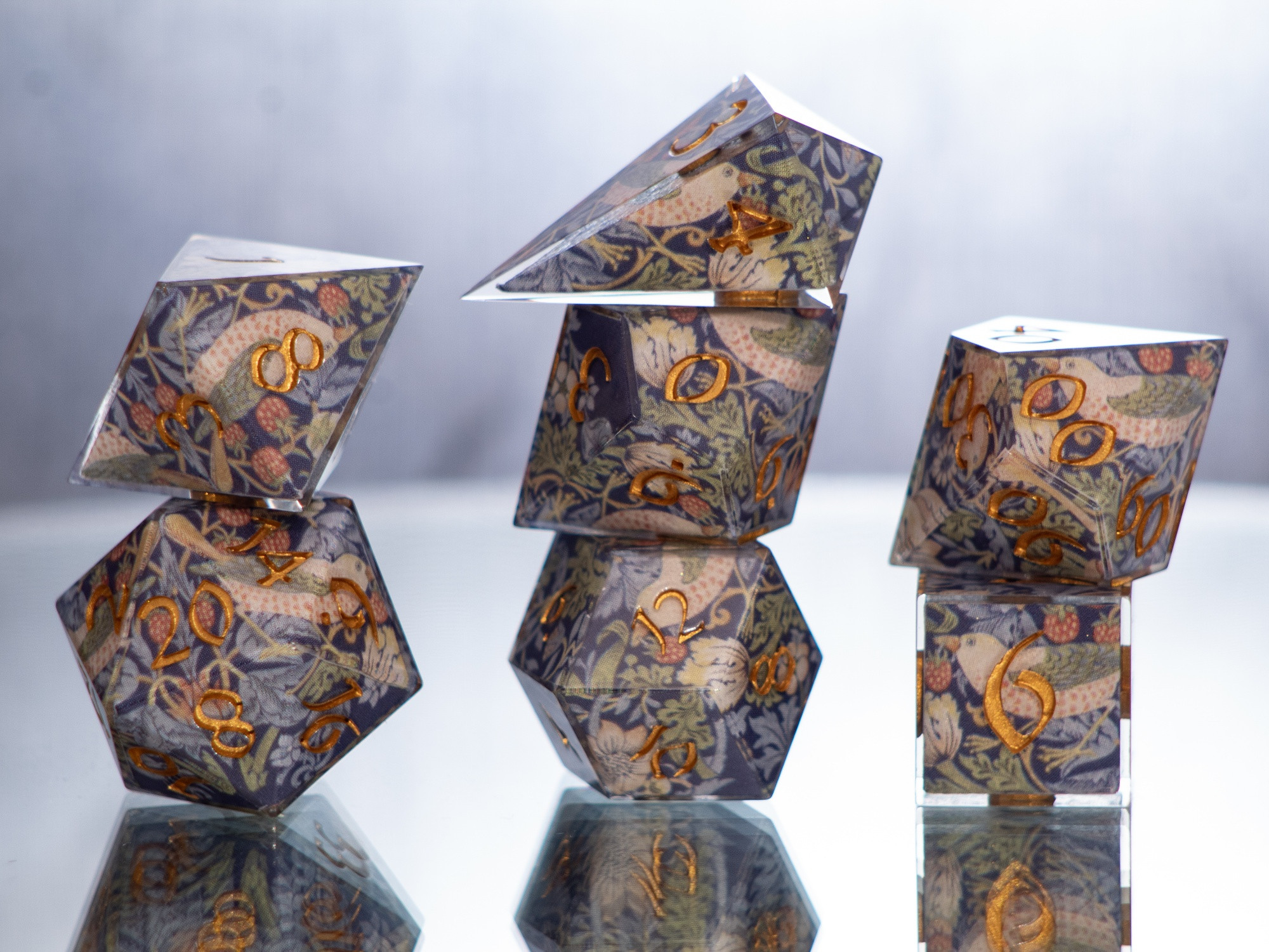 Strawberry Thief designed handmade polyhedral dice set