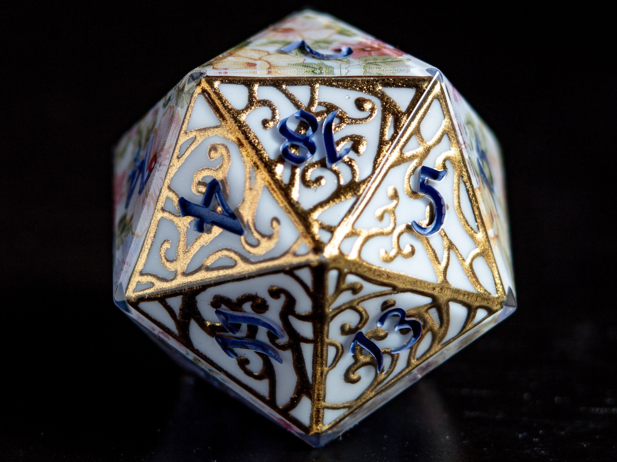 Handmade regency era 32mm D20 with handpainted gold filigree. 