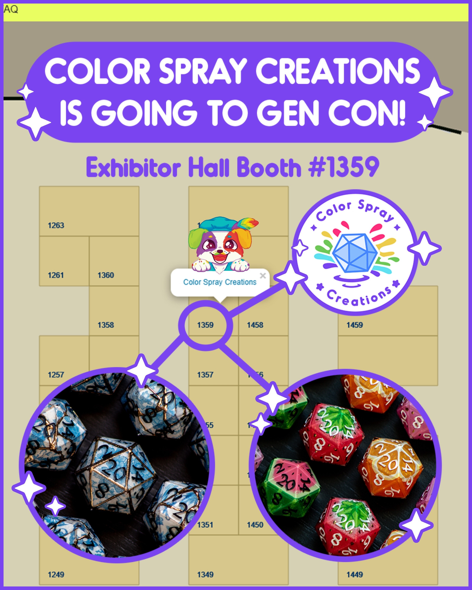 Map of where Color Spray Creations will be at Gen Con. In the Exhibitor Hall, booth 1359.