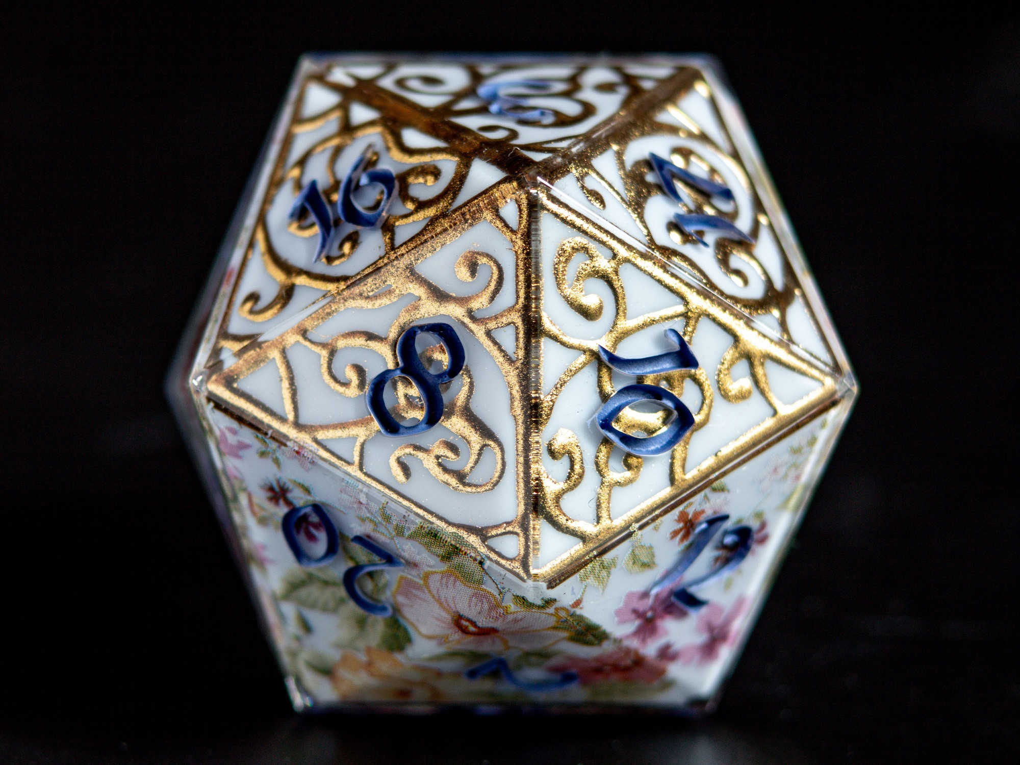 Handmade regency era 32mm D20 with handpainted gold filigree. 